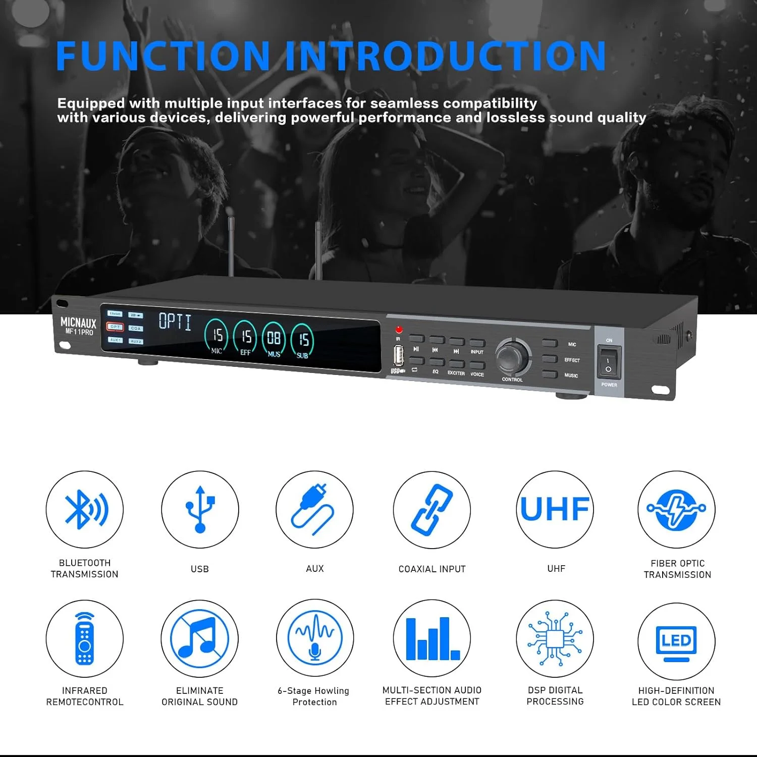 میکسر کارائوکه دیجیتال KTV، پردازنده حرفه ای جلوه های صوتی ووکال، سیستم میکروفون بی سیم دوگانه با DSP ضد فیدبک، ورودی USB بلوتوث اپتیکال (مشکی)