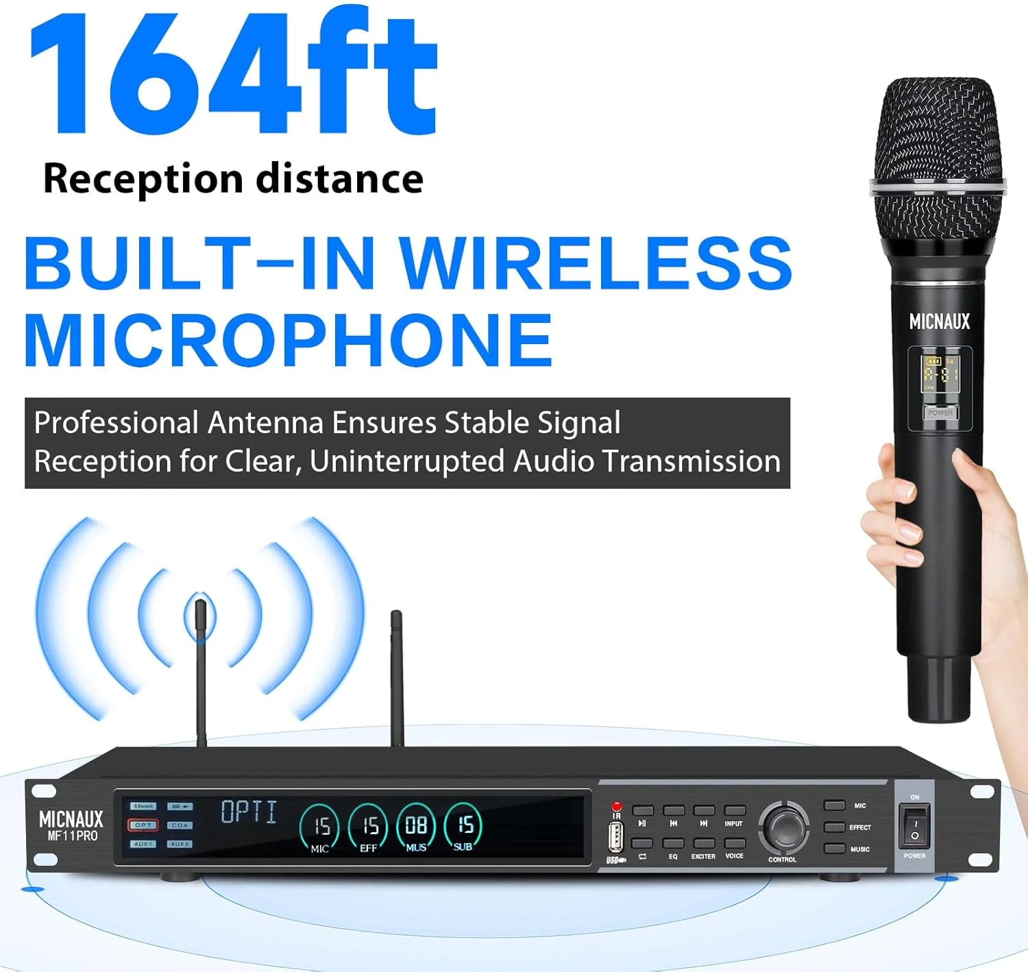 میکسر کارائوکه دیجیتال KTV، پردازنده حرفه ای جلوه های صوتی ووکال، سیستم میکروفون بی سیم دوگانه با DSP ضد فیدبک، ورودی USB بلوتوث اپتیکال (مشکی)