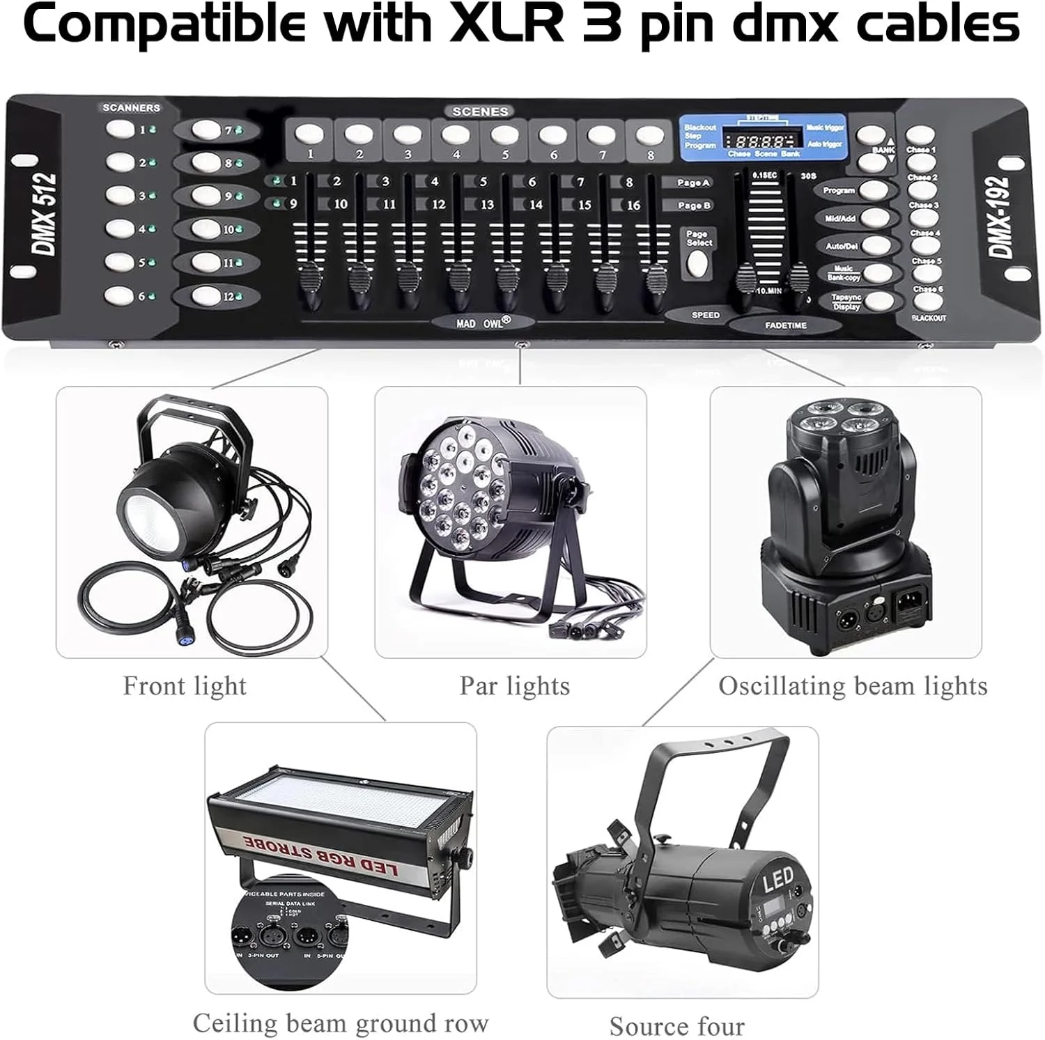 کنترلر DMX مدل MAD OWL، کنسول DMX، کنسول Dmx512 با 192 کانال، به همراه کابل سیگنال DMX به طول 2 متر، پنل کنترلر برای ویرایش برنامه اجرای نورپردازی صحنه