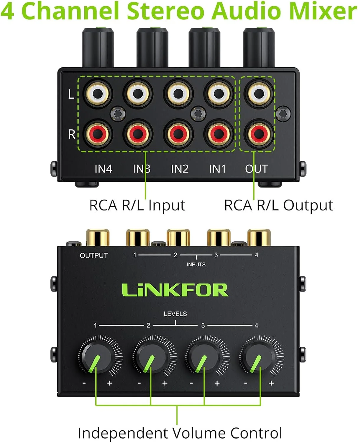 میکسر صوتی استریو 4 کاناله LiNKFOR CX400 با بدنه فلزی، پشتیبانی از ورودی و خروجی RCA و کنترل حجم صدای جداگانه