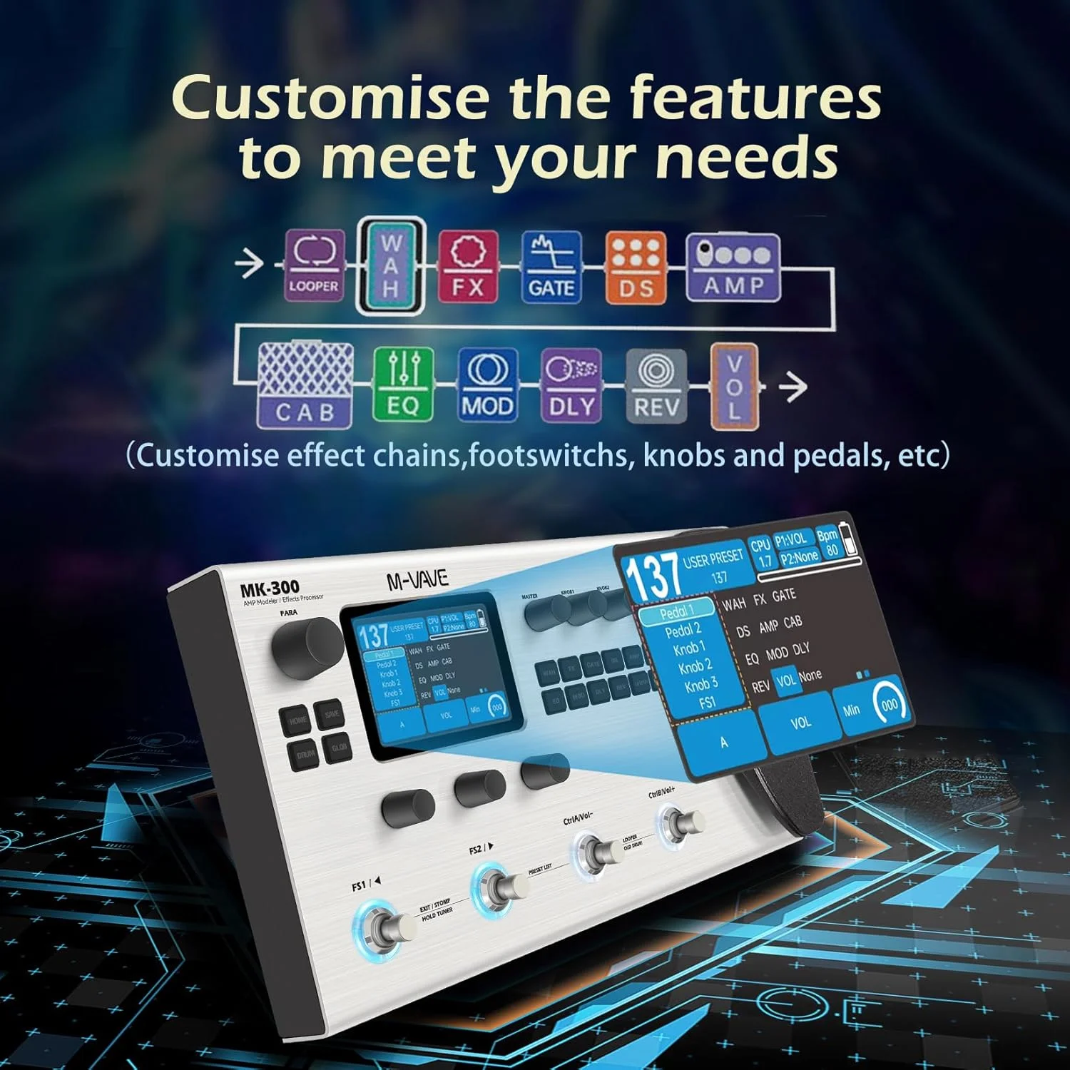 پردازشگر Multi-Effects ام-ویو MK-300 برای گیتار و بیس، 11 ماژول، بیش از 320 افکت، 120 آمپ، IR Loader، لوپر، درام ماشین، BT و کارت صدای USB