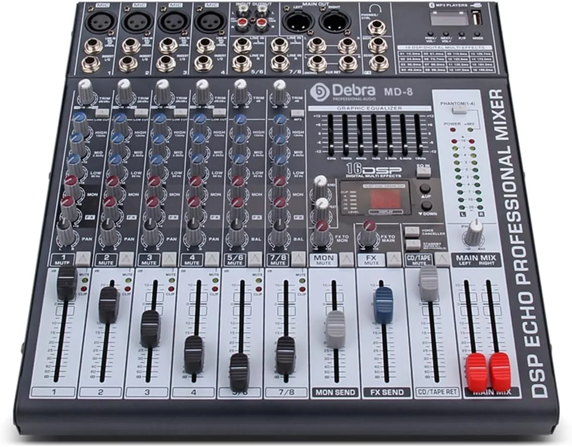 میکسر صوتی 8 کاناله MD-8 برای تجهیزات DJ و صدا، دارای 24 افکت DSP، USB، بلوتوث، جک XLR و ورودی Aux