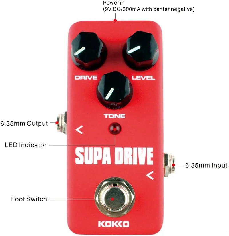 پدال افکت گیتار کوچک Kokko Supa Drive - پردازشگر صدای گرم و تمیز Overdrive، لوازم جانبی قابل حمل برای گیتار و باس - FOD5