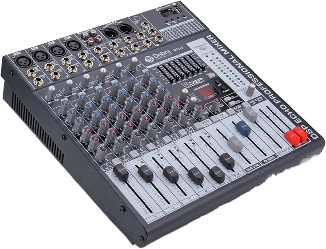 میکسر صوتی 8 کاناله MD-8 برای تجهیزات DJ و صدا، دارای 24 افکت DSP، USB، بلوتوث، جک XLR و ورودی Aux