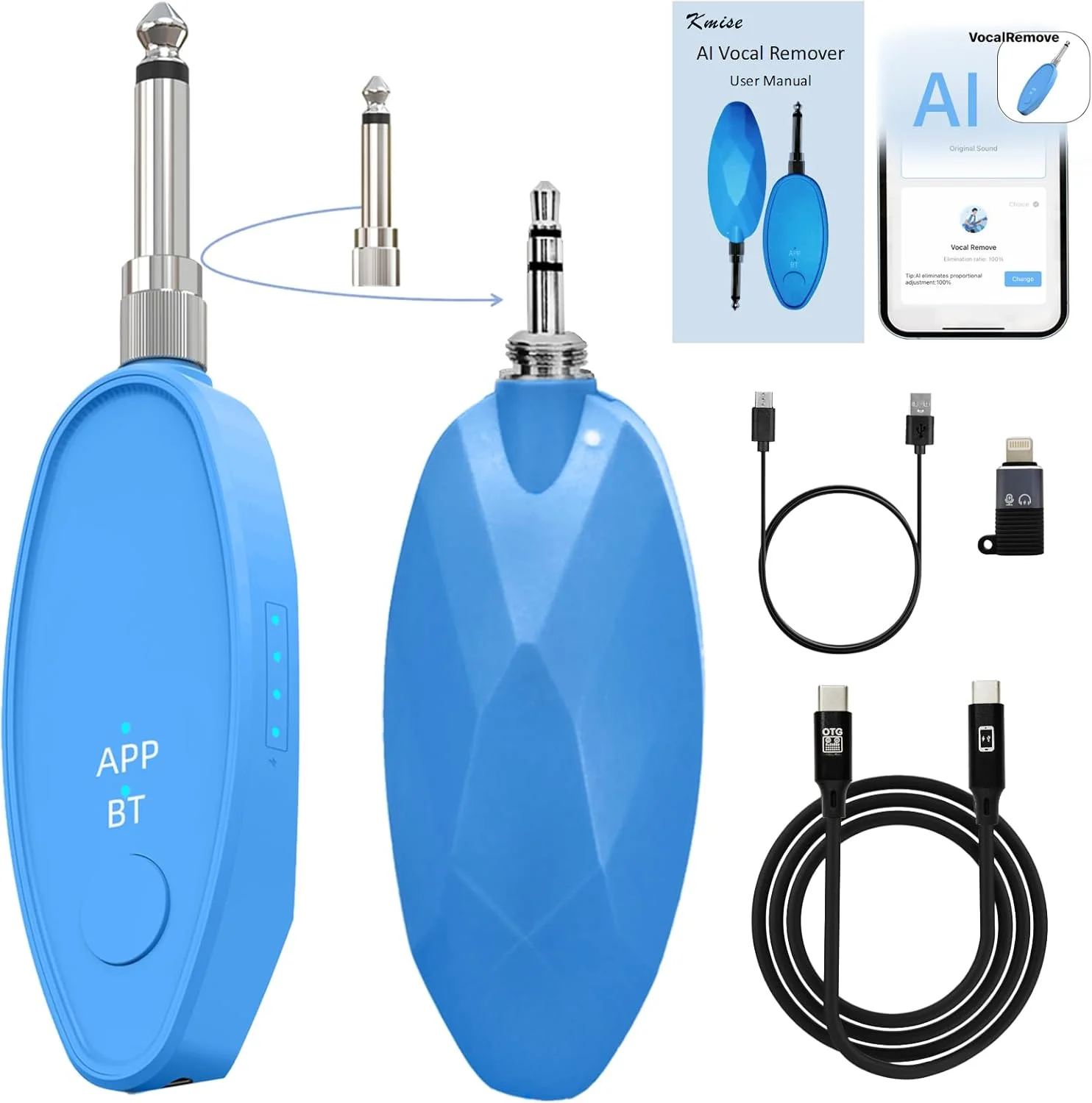 حذف کننده صدای خواننده چند منظوره Kmise، اتصال بی سیم، استخراج موسیقی بی کلام از آهنگ ها، کارائوکه، ویرایش موسیقی، پردازنده صوتی قابل حمل با شارژ USB و کابل ضبط OTG