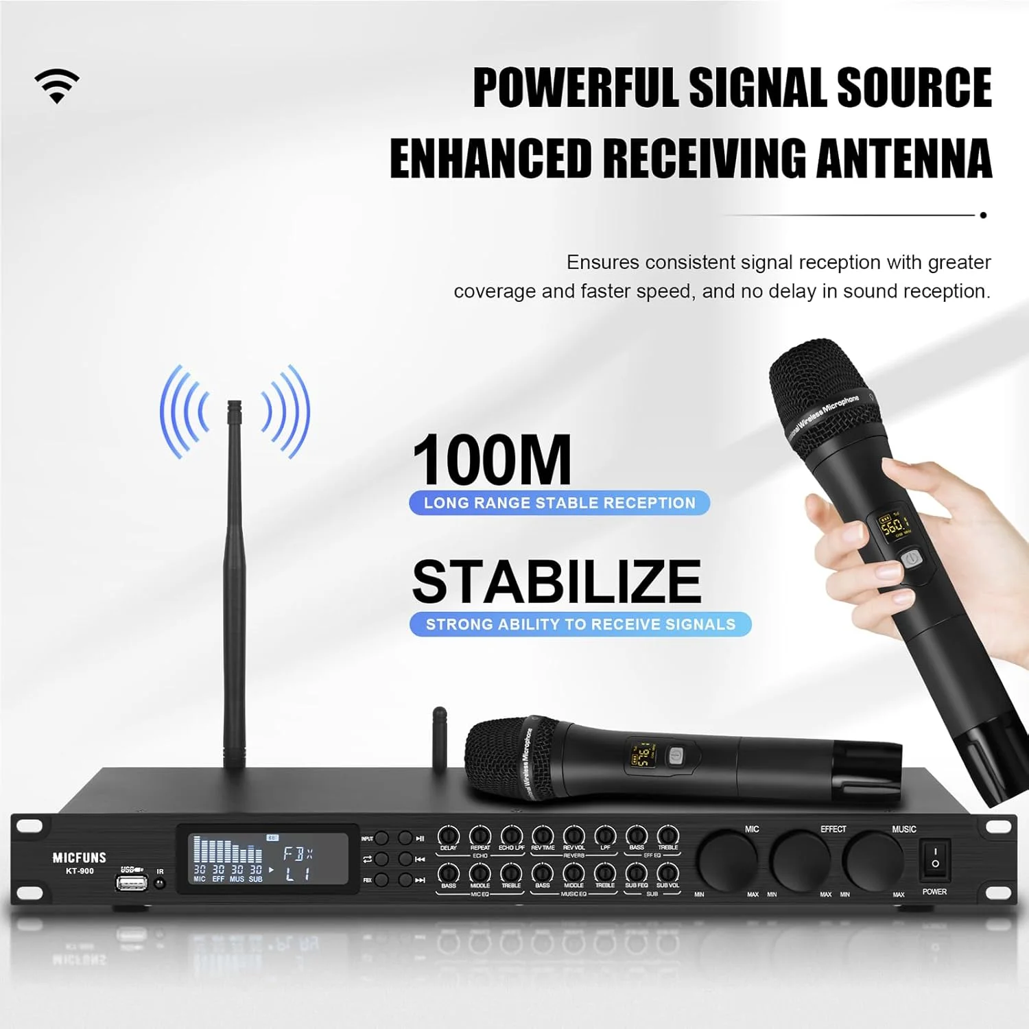 میکروفون بی سیم حرفه ای کارائوکه مدل KT900-PRO، افکتور دیجیتال پیشرفته، سیستم صوتی کارائوکه با پردازنده افکت صوتی دیجیتال، بلوتوث RCA، بلوتوث، ورودی USB