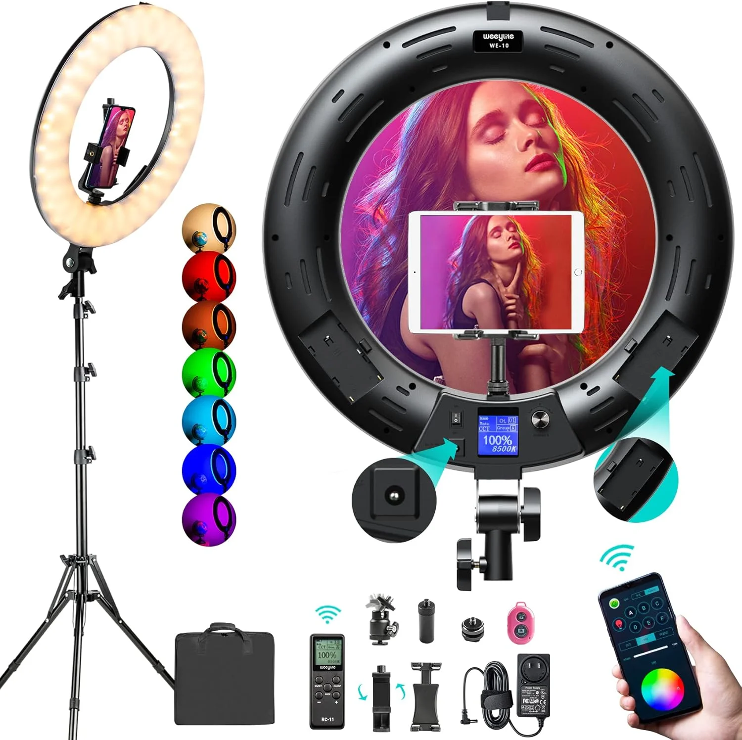 کیت نور حلقه ای RGB 18 اینچی Weeylite 360 درجه تمام رنگی 2500K-8500K نورهای حلقه ای LED دیمر پذیر با سه پایه/کنترل برنامه/ریموت برای آرایش و ویدیوهای یوتیوب کیت نور حلقه ای RGB 18 اینچی Weeylite 360 درجه تمام رنگی 2500K-8500K نورهای حلقه ای LED دیمر پذیر با سه پایه/کنترل برنامه/ریموت برای آرایش و ویدیوهای یوتیوب