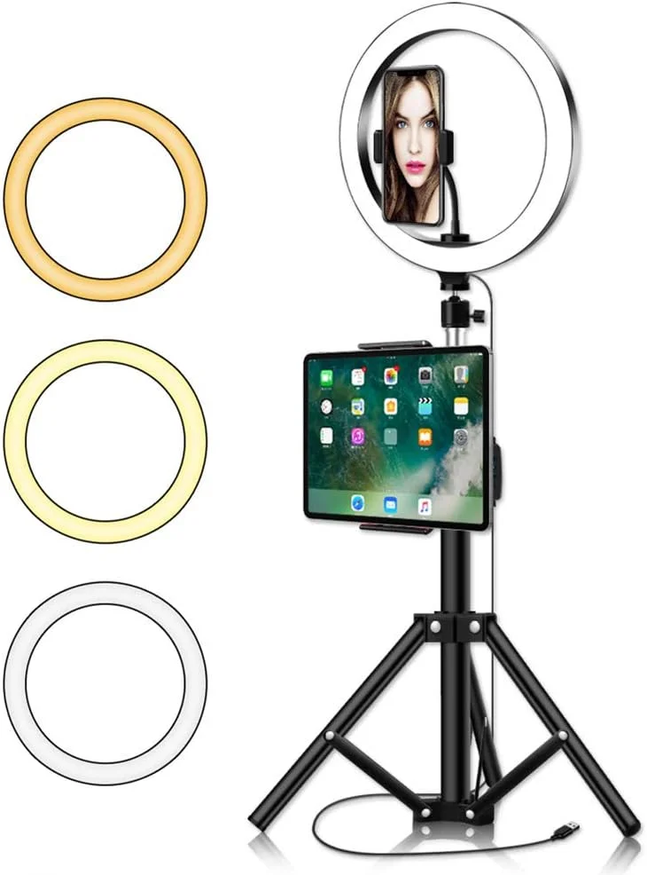حلقه نور 10 اینچی با پایه سه پایه - حلقه نور سلفی دوربین LED با نگهدارنده تلفن برای عکاسی و فیلمبرداری، آرایش، پخش زنده، 120 سانتی متر حلقه نور 10 اینچی با پایه سه پایه - حلقه نور سلفی دوربین LED با نگهدارنده تلفن برای عکاسی و فیلمبرداری، آرایش، پخش زنده، 120 سانتی متر