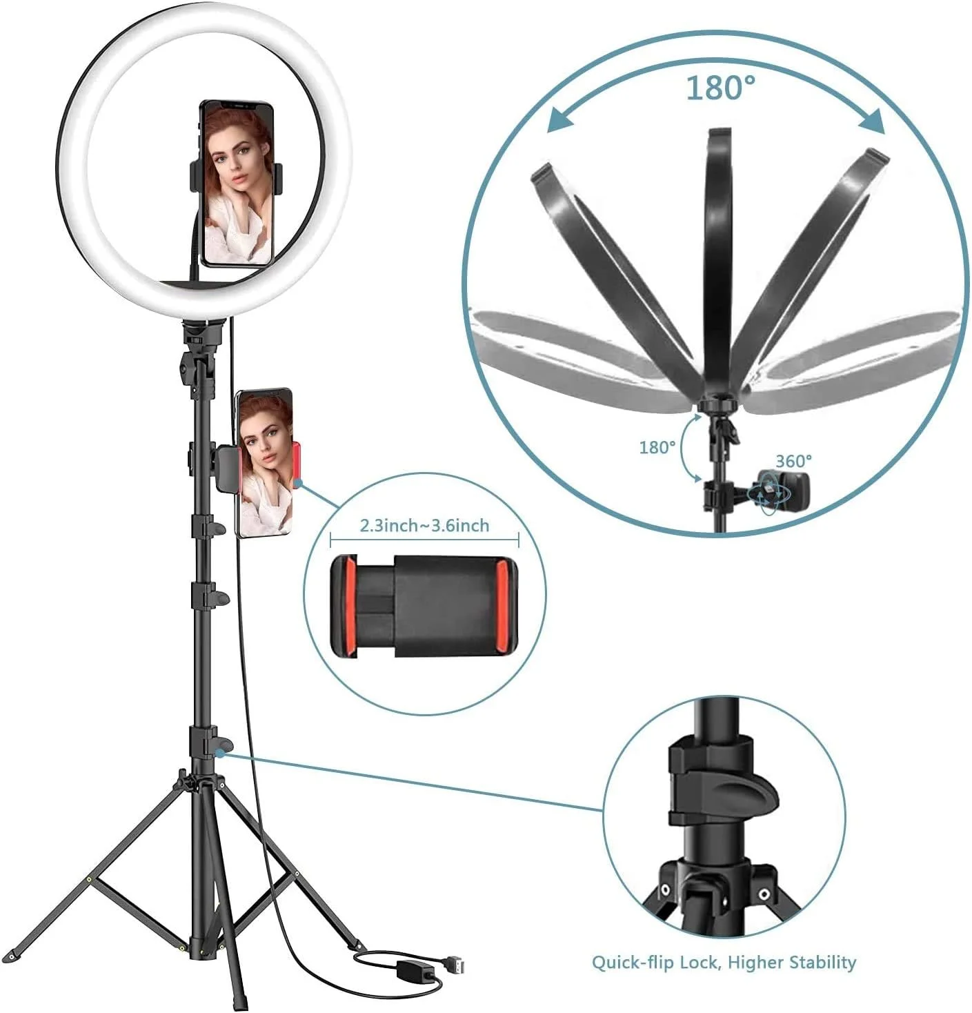 حلقه نور سلفی 10 اینچی TyCom با پایه سه پایه، حلقه نور سلفی USB برای پخش زنده/آرایش/یوتیوب/ضبط ویدیو TikTok/عکاسی حلقه نور سلفی 10 اینچی TyCom با پایه سه پایه، حلقه نور سلفی USB برای پخش زنده/آرایش/یوتیوب/ضبط ویدیو TikTok/عکاسی