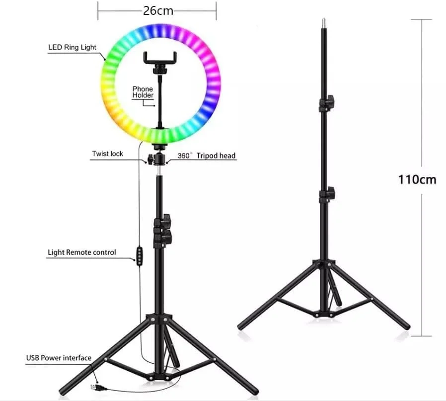 حلقه نور با پایه سه پایه و نگهدارنده تلفن | چراغ حلقه ای LED سلفی 14 اینچی با قابلیت تنظیم نور، لامپ رومیزی RGB با 40 رنگ، نور دایره ای بلند برای دوربین، آرایش، ویدیو، یوتیوب، پخش زنده تیک تاک (MJ-36)