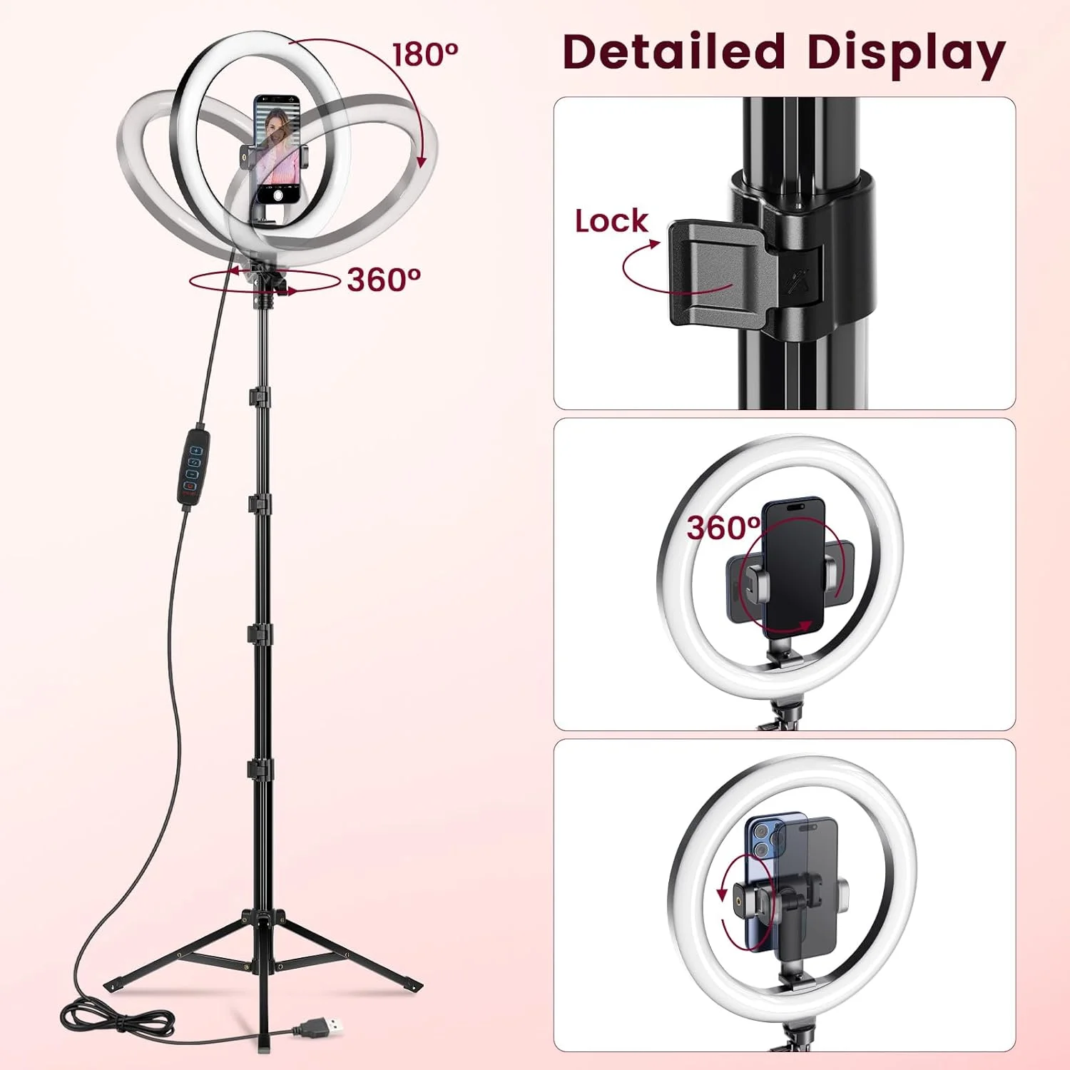 حلقه نور حرفه ای 10 اینچی به همراه پایه بلند 62 اینچی و 3 حالت نوردهی، مناسب برای سلفی، آرایش، ویدیو و عکاسی