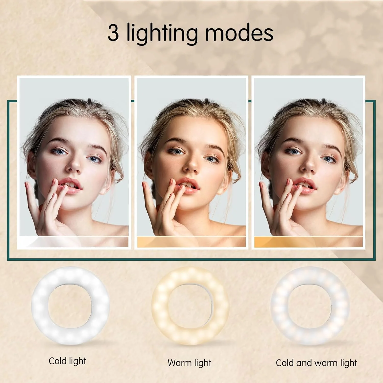 حلقه نور ال ای دی برای گوشی، 3 حالت نور، حلقه نور گیره ای قابل شارژ قابل حمل، برای موبایل، لپ تاپ، جلسه، آرایش، ویدئو، پخش زنده، سلفی