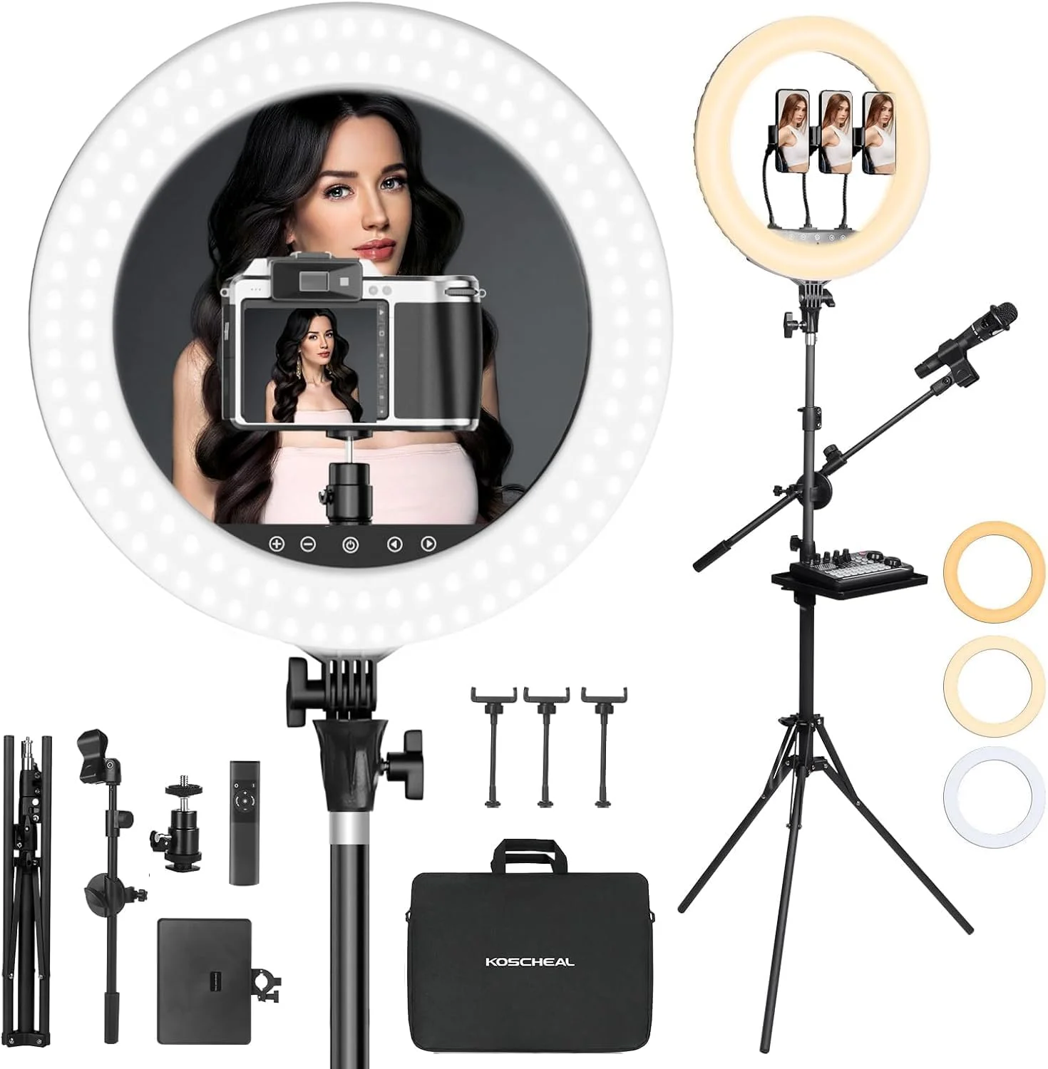 حلقه نور حرفه ای به همراه سه پایه 18 اینچی، حلقه نور LED قابل تنظیم 45 سانتی متری/3000-6500K با قابلیت کم نور شدن به همراه نگهدارنده میکروفون و کارت صدا، مناسب برای عکاسی آرایشگر/دوربین حرفه ای/TikTok/Youtube