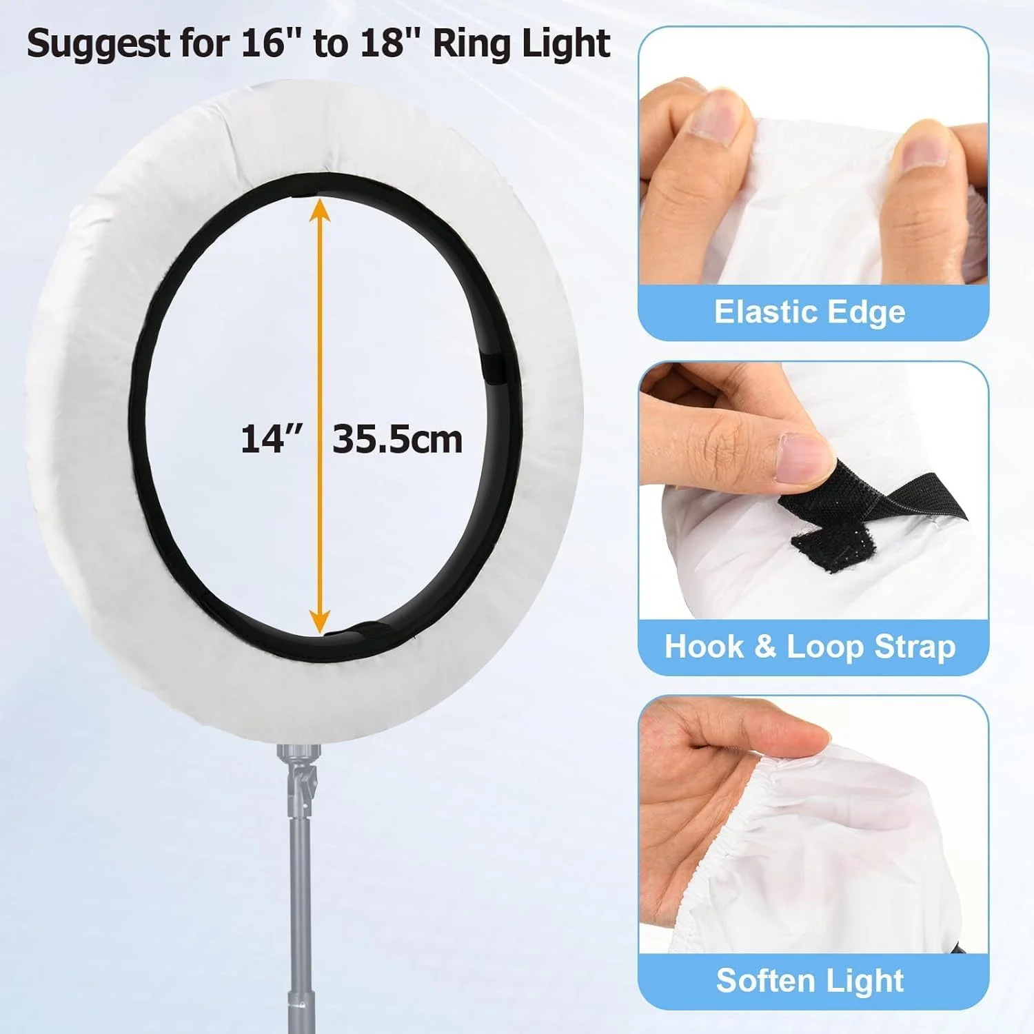 دو عدد روکش نرم پخش کننده نور حلقه ای، پارچه پخش کننده نور سفید برای عکاسی و استودیو فیلمبرداری، مناسب برای نورهای حلقه ای 16 تا 18 اینچ