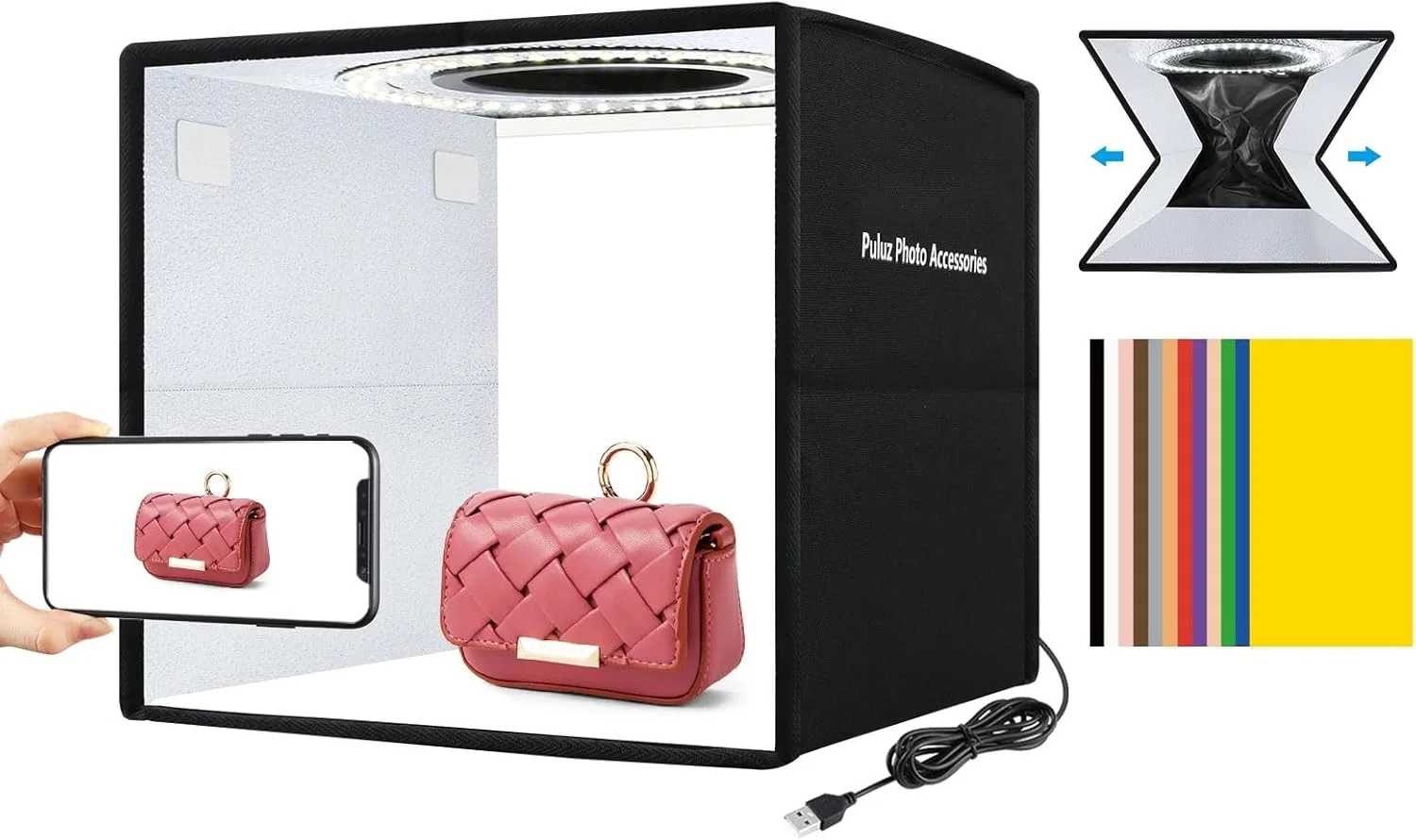 جعبه استودیوی عکس، جعبه نور کوچک تاشو با نور LED حلقه ای، کیت جعبه چادر عکاسی استودیوی عکس قابل حمل با 12 پس زمینه رنگی، جعبه نور USB برای تلفن های دوربین DSLR (25 سانتی متر / 10 اینچ)