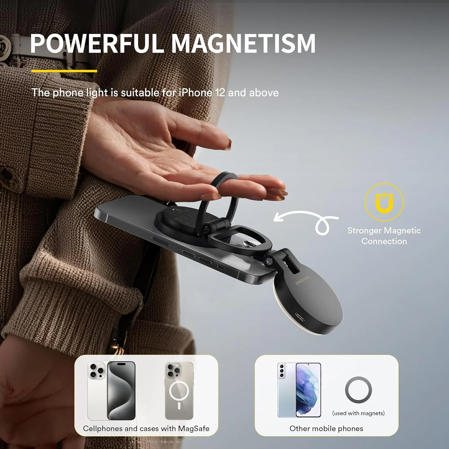 نور مغناطیسی تلفن رالنو برای آیفون MagSafe، نور سلفی 360 درجه قابل چرخش برای TikTok Vlog Zoom آرایش کنفرانس ویدیویی، 700mAh CRI 95+ نور حلقه ای با 2 حلقه مغناطیسی و 30 حالت نورپردازی