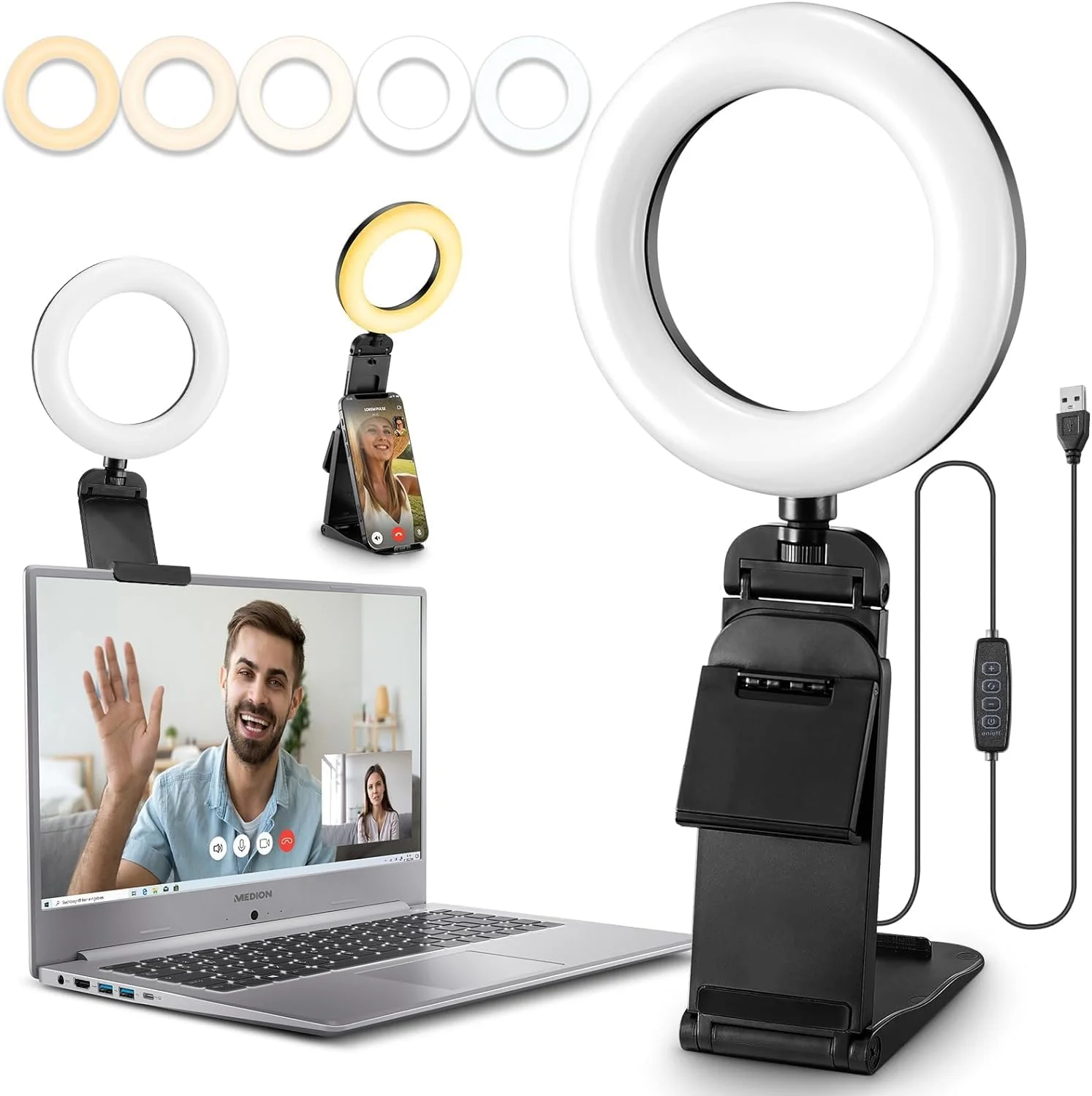 کیت نورپردازی کنفرانس ویدیویی، چراغ حلقه ای ال ای دی برای مانیتور لپ تاپ، 5 دمای رنگ قابل تنظیم و 10 سطح روشنایی قابل تنظیم، نورپردازی وب کم برای عکاسی، جلسات زوم کیت نورپردازی کنفرانس ویدیویی، چراغ حلقه ای ال ای دی برای مانیتور لپ تاپ، 5 دمای رنگ قابل تنظیم و 10 سطح روشنایی قابل تنظیم، نورپردازی وب کم برای عکاسی، جلسات زوم