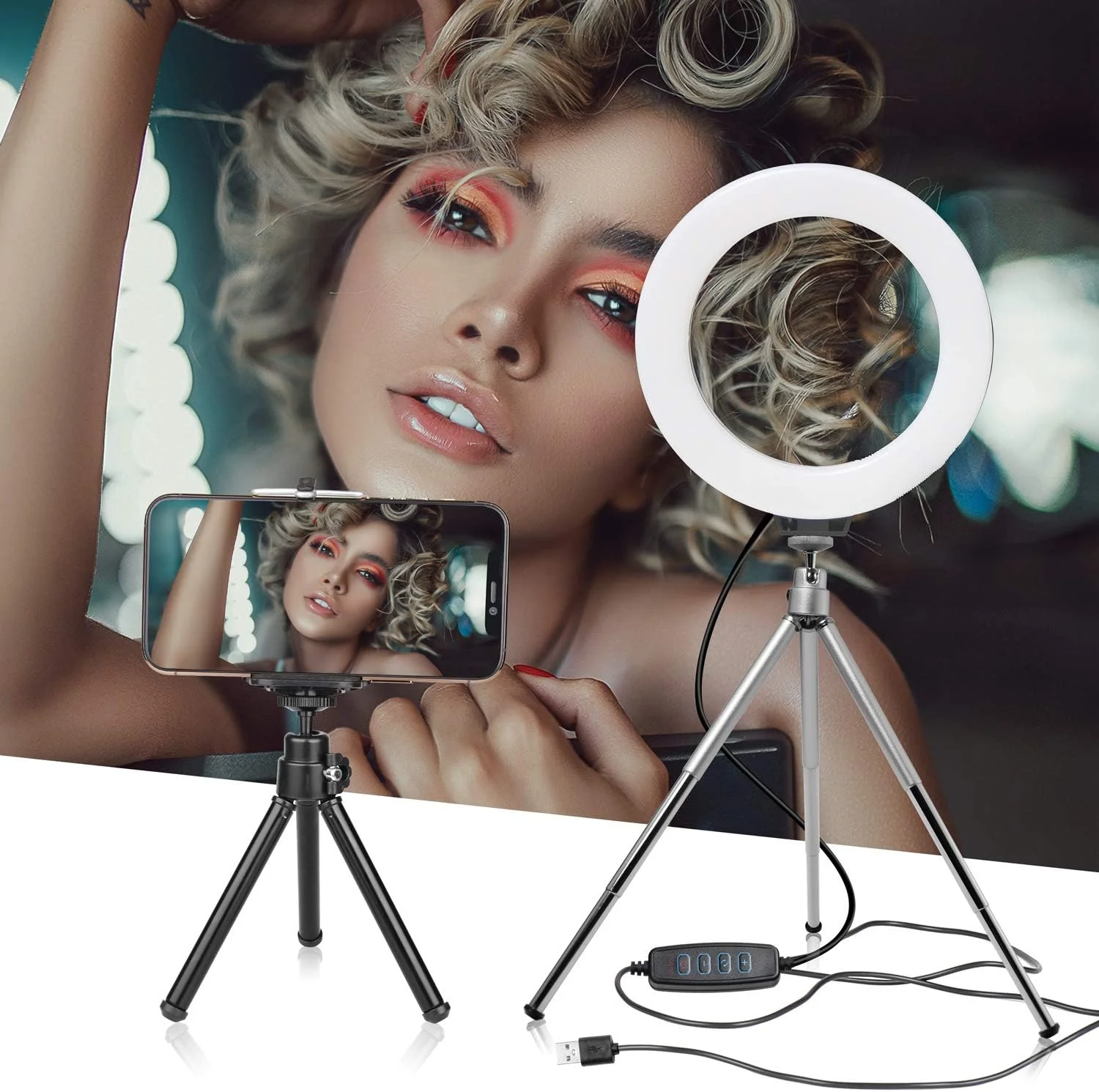 چراغ حلقه ای RGB شش اینچی AECAM، چراغ مخصوص اینفلوئنسرها، پایه رومیزی سه پایه LED کوچک 16 سانتی متری USB برای پخش زنده ویدیو، آرایش و عکاسی (SH-HXD-6RGB-08)