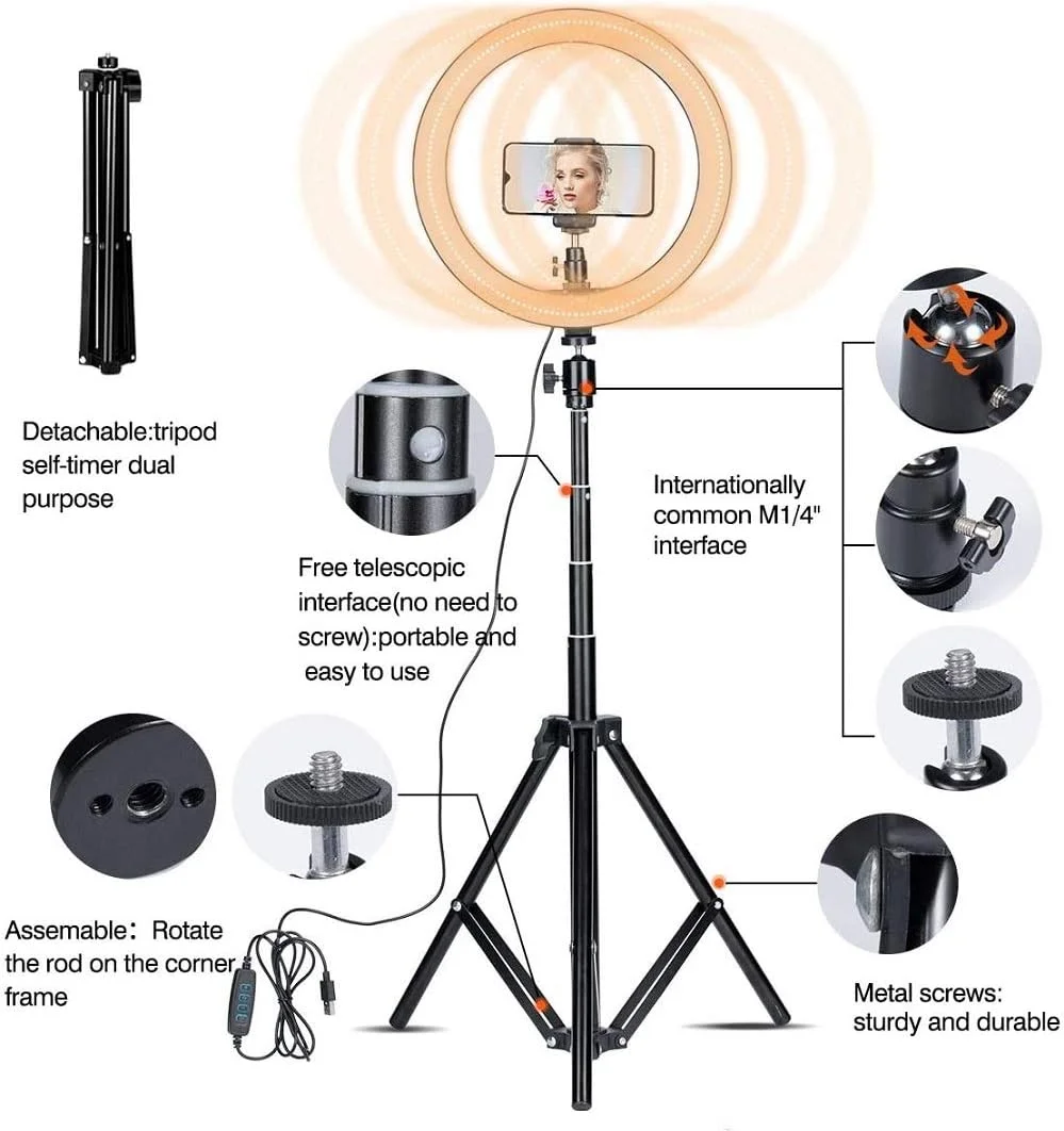 بهترین رینگ لایت 10 اینچی با پایه نگهدارنده گوشی برای پخش زنده/آرایش، رینگ لایت ال ای دی دوربین برای ویدیوهای یوتیوب/عکاسی (مدل 2) بهترین رینگ لایت 10 اینچی با پایه نگهدارنده گوشی برای پخش زنده/آرایش، رینگ لایت ال ای دی دوربین برای ویدیوهای یوتیوب/عکاسی (مدل 2)