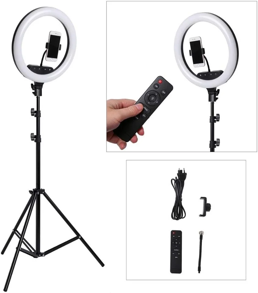 AECAM - نور حلقه ای LED لمسی با ریموت 14 اینچ 18 اینچ به همراه سه پایه مناسب عکاسی و استودیو فیلمبرداری و آرایش (لامپ 18 اینچی) - تصویر 2