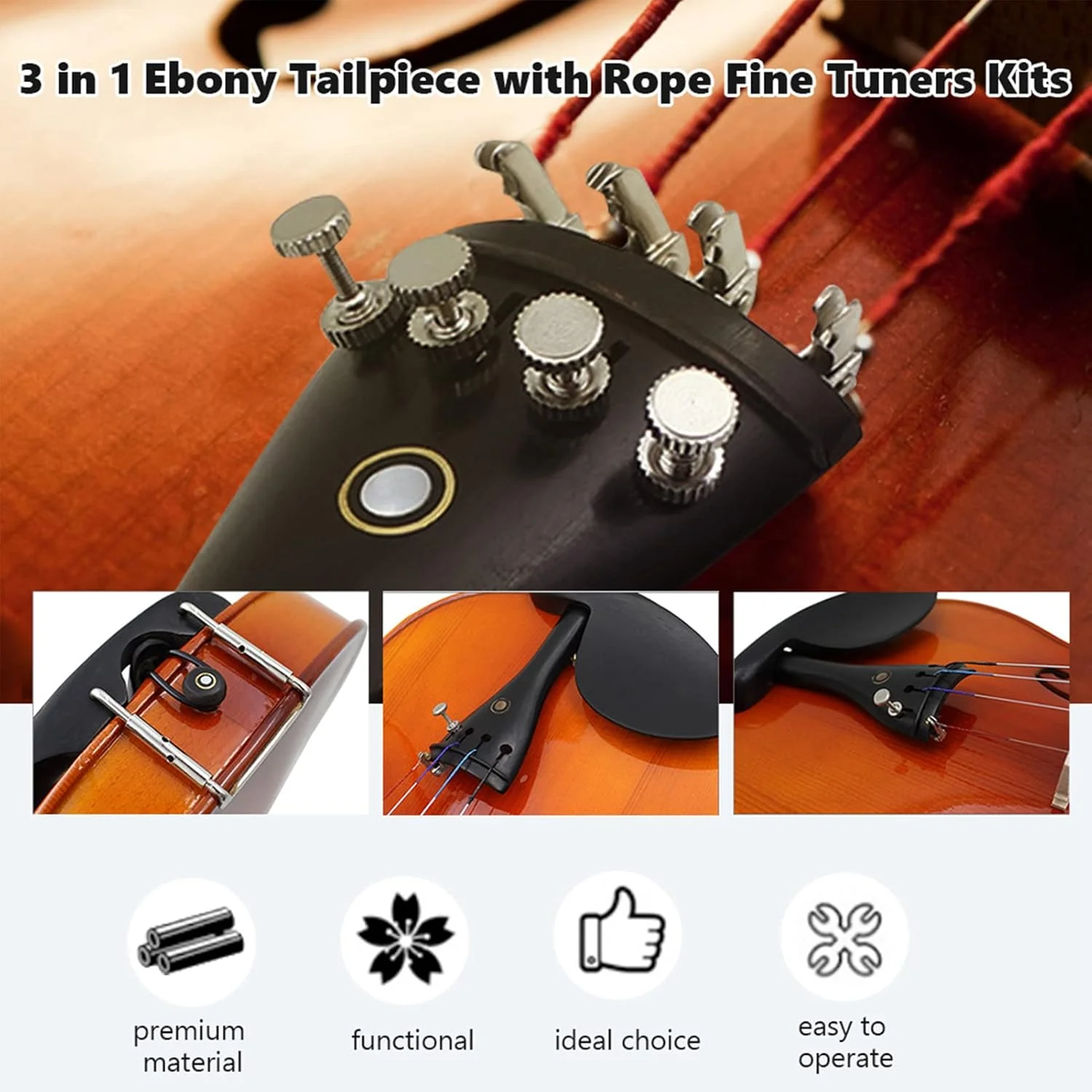 سیم گیر ویولن Keenso با زه آبنوس، 4 کوک تنظیم دقیق، قطعه جایگزین برای ویولن 4/3 و 4/4