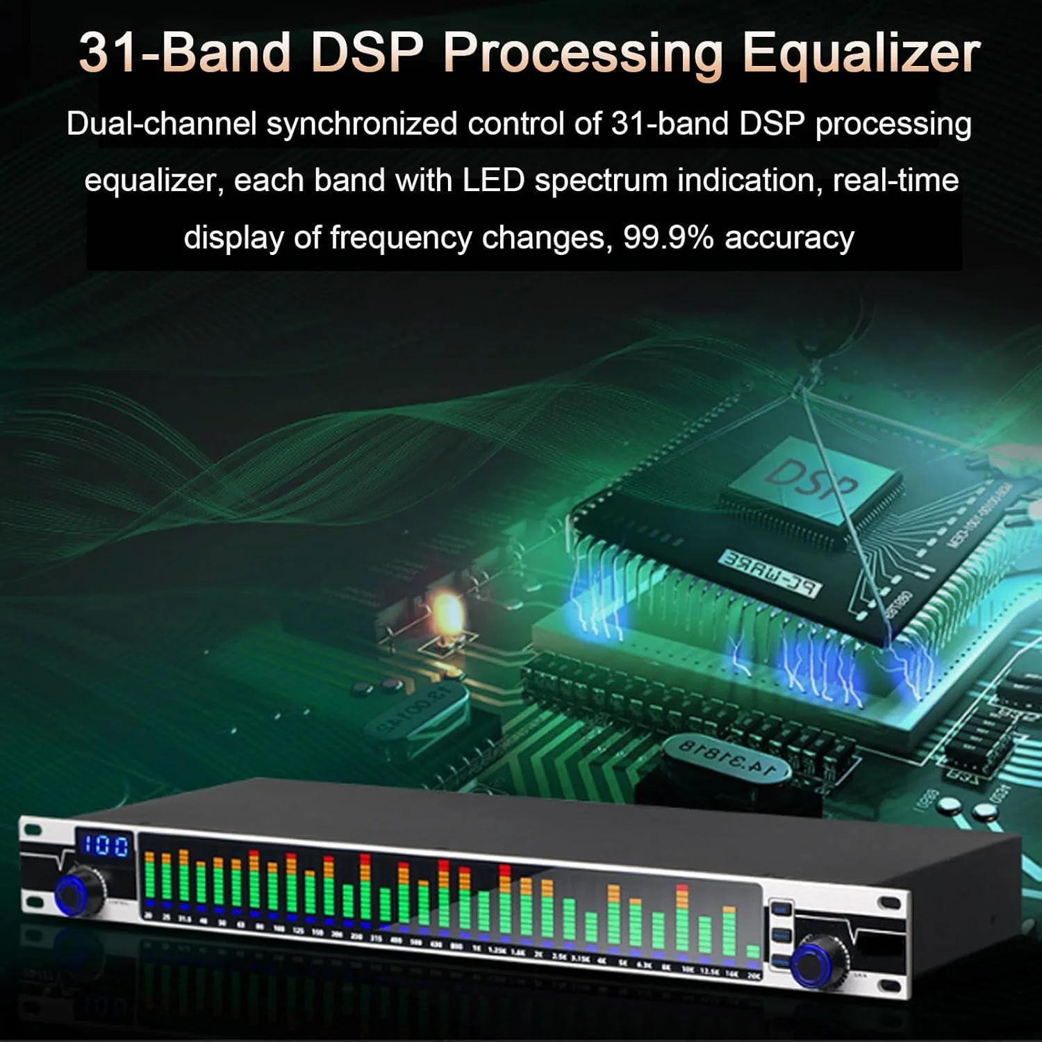 اکولایزر دیجیتال دوگانه 31 باندی، 10 جلوه از پیش تنظیم شده و تنظیم مستقل باس/میانه/تریبل، اکولایزر گرافیکی استریو 31 باندی، خروجی با کیفیت صدای HD، برای استودیوی ضبط