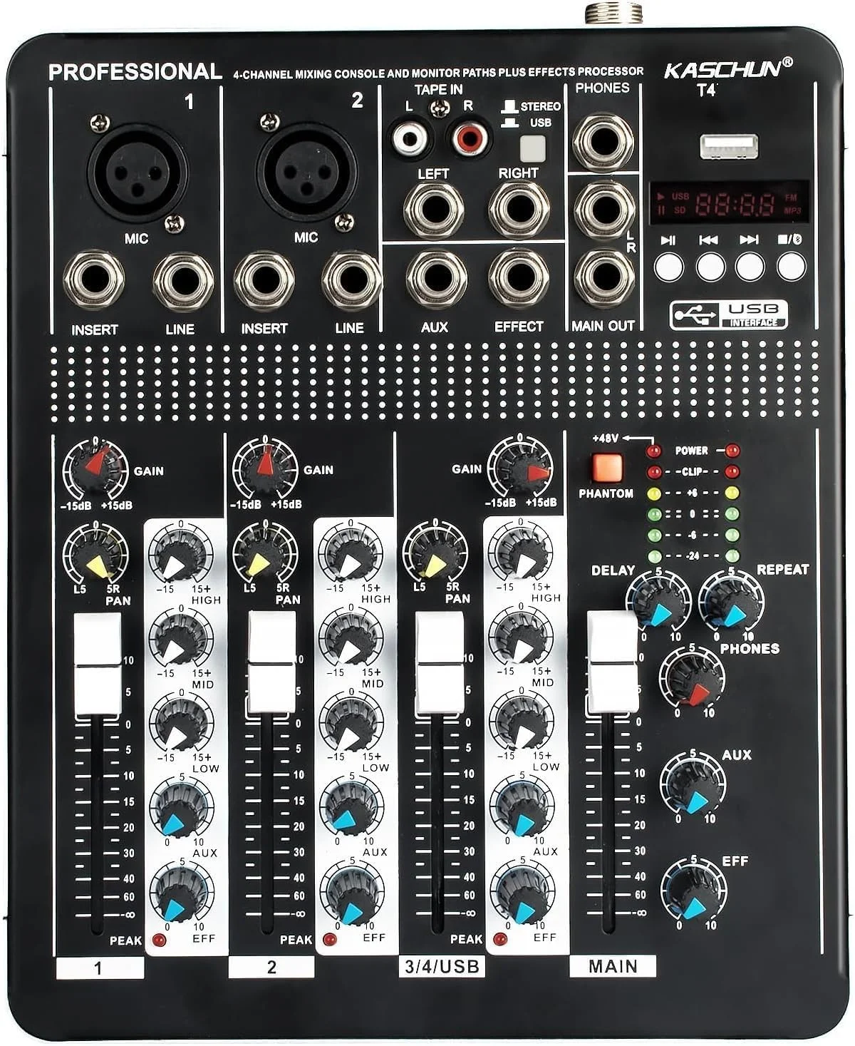 میکسر صدای دیجیتال 4 کانال T4 با فانتوم پاور 48 ولت، ورودی USB/MP3 و افکتهای ریورب برای ضبط کامپیوتر، مهمانیها و عروسیها میکسر صدای دیجیتال 4 کانال T4 با فانتوم پاور 48 ولت، ورودی USB/MP3 و افکتهای ریورب برای ضبط کامپیوتر، مهمانیها و عروسیها