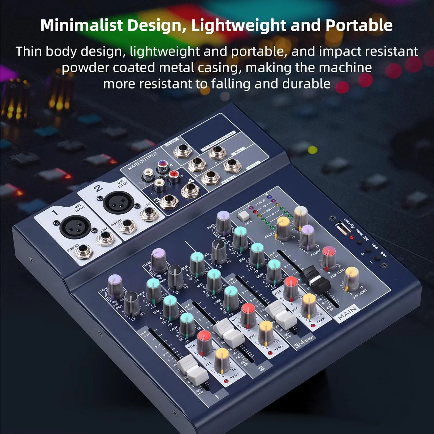 میکسر صوتی 4 کاناله Joleritc با مسیرهای کمکی و پردازنده افکت، میکسر دیجیتال o اکولایزر 3 باندی، فانتوم 48 ولت داخلی، میکسر 4 کاناله با عملکرد USB برای استودیوی خانگی دی جی و اجرای زنده