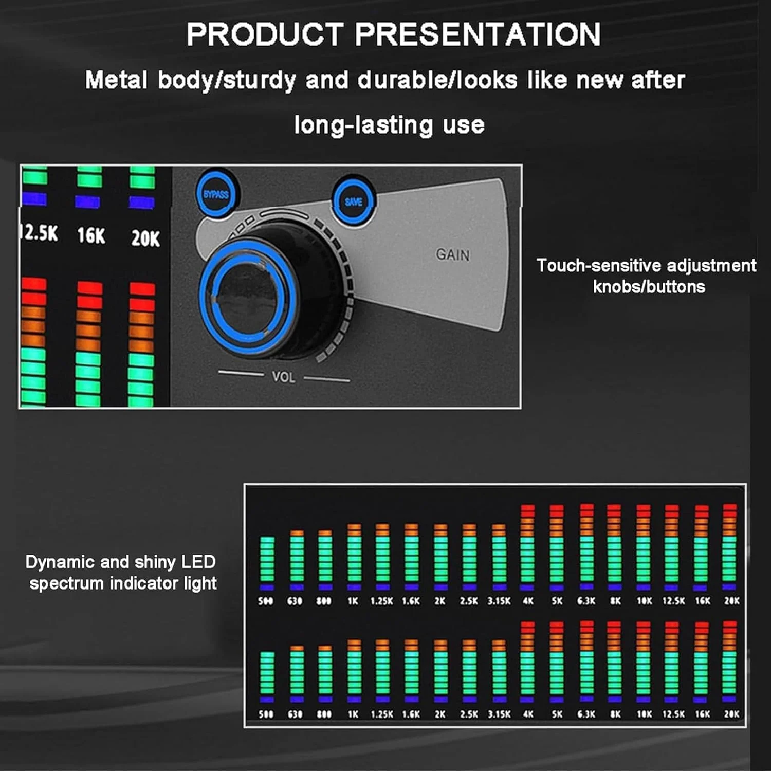 اکولایزر گرافیکی استریو 31 باندی، اکولایزر گرافیکی حرفه ای 2 کاناله با 10 افکت از پیش تنظیم شده و تنظیم مستقل Low/Mid/Treble، خروجی با کیفیت صدای HD برای استودیوی ضبط
