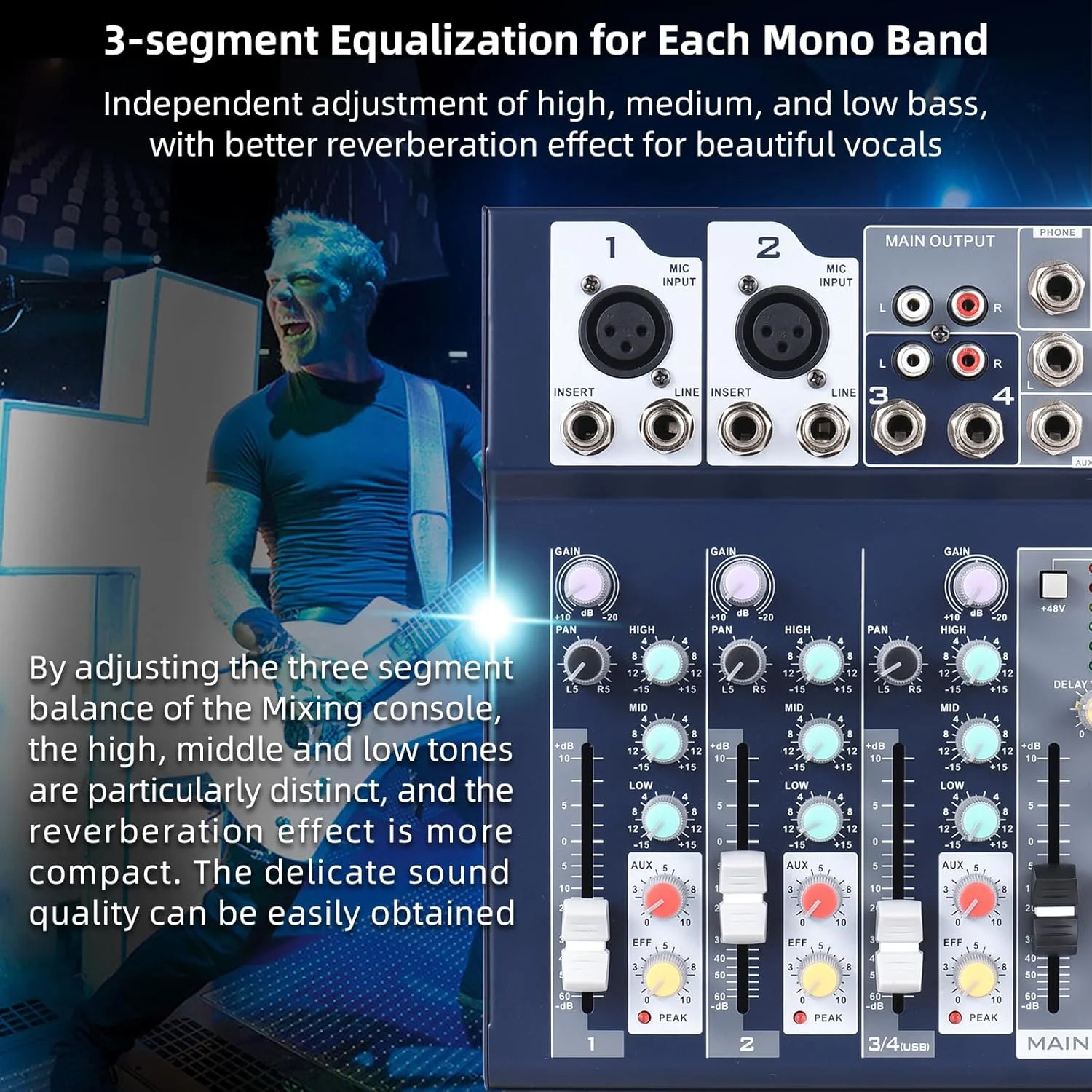 میکسر صوتی 4 کاناله Joleritc با مسیرهای کمکی و پردازنده افکت، میکسر دیجیتال o اکولایزر 3 باندی، فانتوم 48 ولت داخلی، میکسر 4 کاناله با عملکرد USB برای استودیوی خانگی دی جی و اجرای زنده