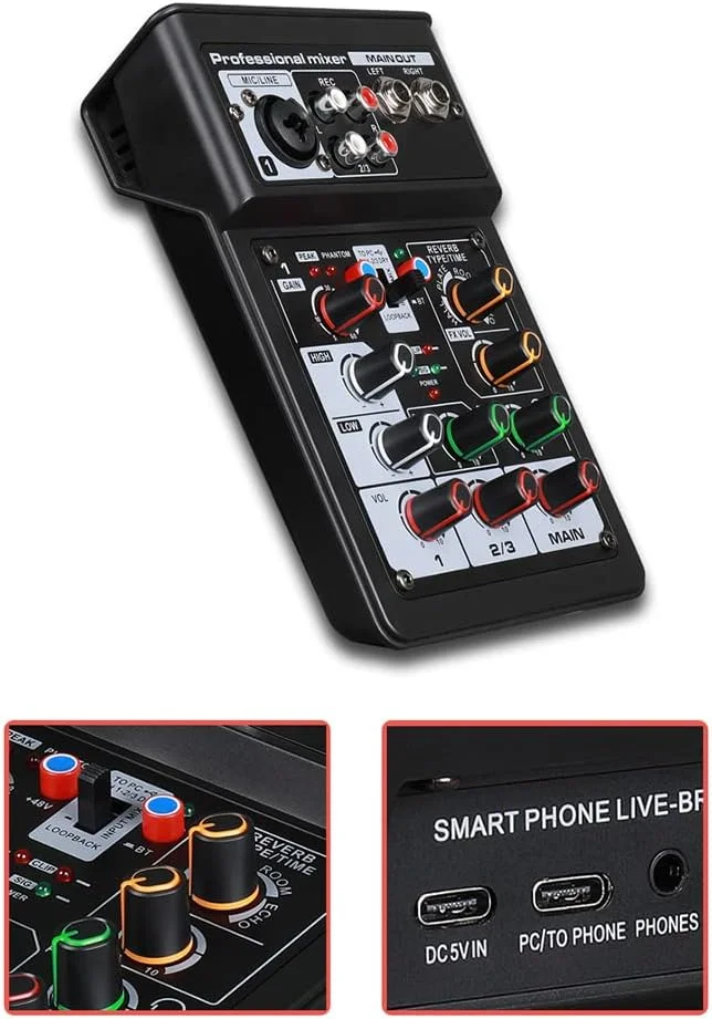 میکسر صدای استریو دیجیتال 3 کاناله Joleritc با BT، سیستم کنسول d، افکت صحنه DSP با قابلیت ضبط ترک، کارت صدا، عملکرد OTG، ورودی XLR RCA برای استودیو DJ و پخش زنده