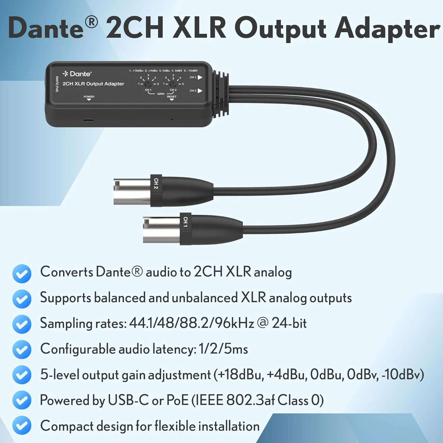 آداپتور خروجی صوتی 2 کاناله Dante به XLR جی-تک دیجیتال، آداپتور مبدل صوتی دیجیتال 2 کاناله بالانس/آنبالانس به XLR، تغذیه از طریق PoE و USB-C مدل [JTECH-DA2DX]