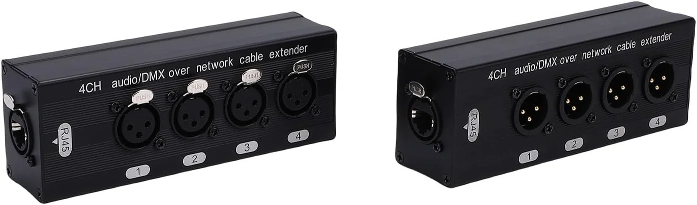 اکستندر اترنت 4 کانال 3 پین Jiawu برای میکسرها و آمپلی فایرهای قدرت در رویدادهای زنده، آلیاژ آلومینیوم مشکی، XLR نر/ماده، بسته 2 عددی