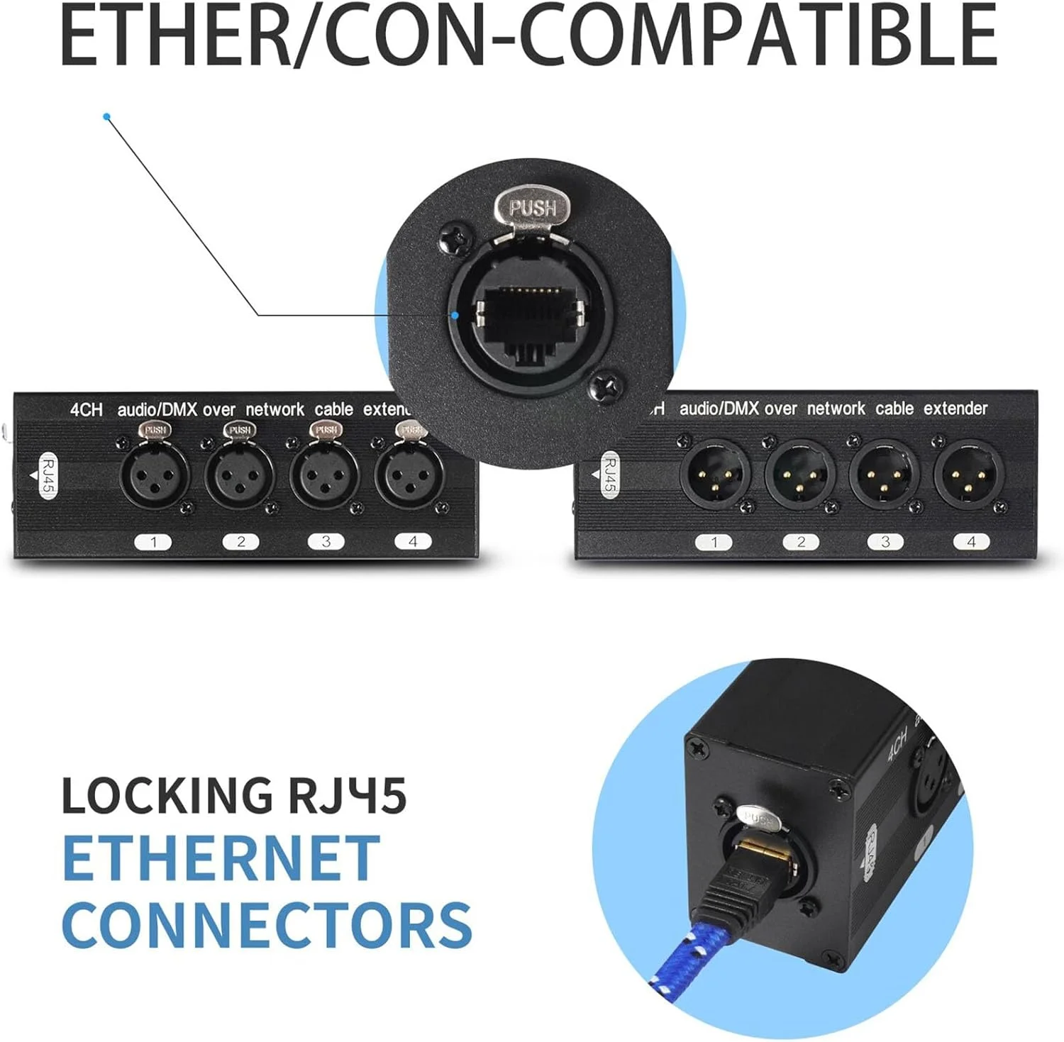 اکستندر اترنت 4 کانال 3 پین Jiawu برای میکسرها و آمپلی فایرهای قدرت در رویدادهای زنده، آلیاژ آلومینیوم مشکی، XLR نر/ماده، بسته 2 عددی