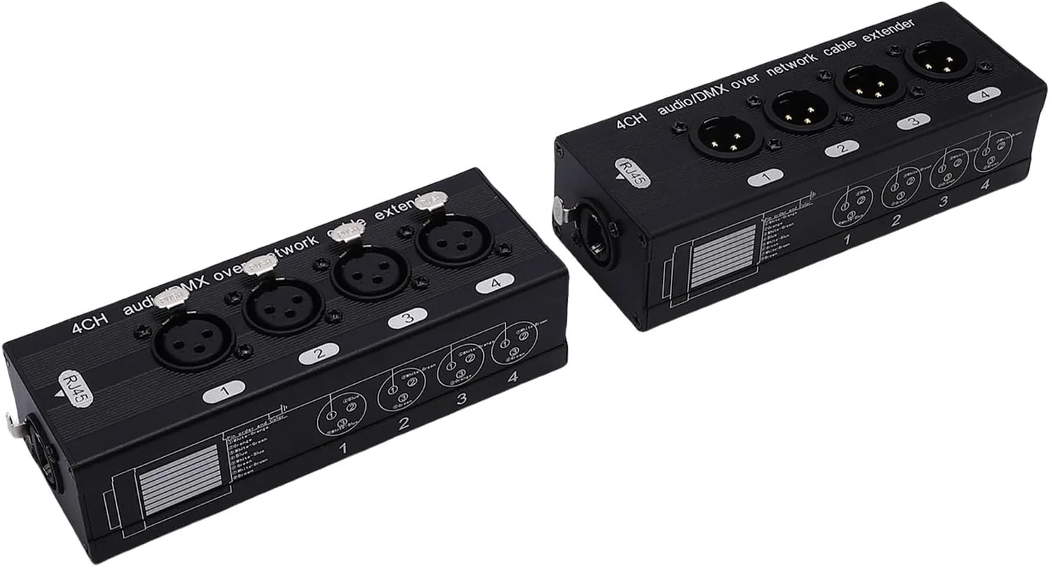 اکستندر اترنت 4 کانال 3 پین Jiawu برای میکسرها و آمپلی فایرهای قدرت در رویدادهای زنده، آلیاژ آلومینیوم مشکی، XLR نر/ماده، بسته 2 عددی