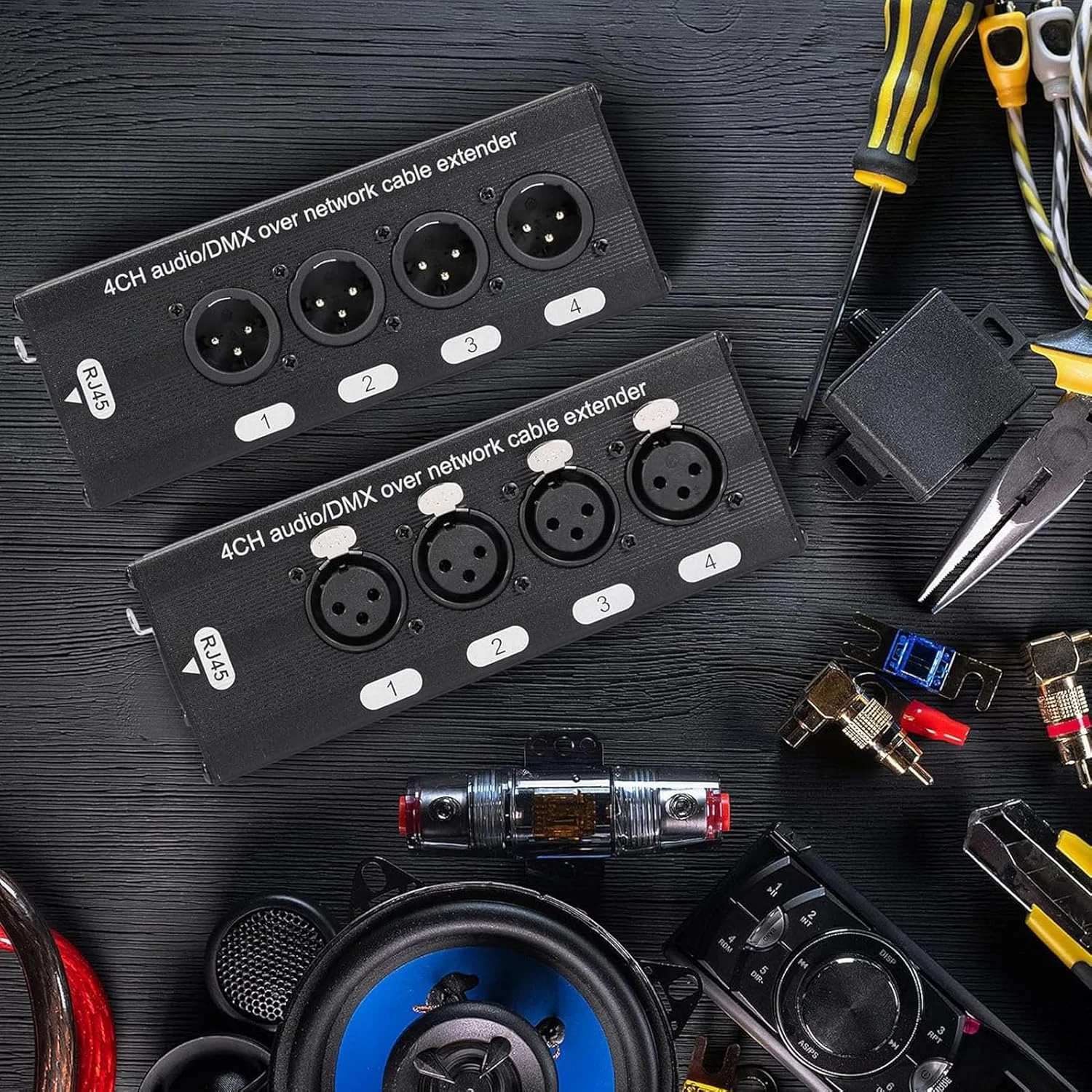 اکستندر اترنت 4 کانال 3 پین Jiawu برای میکسرها و آمپلی فایرهای قدرت در رویدادهای زنده، آلیاژ آلومینیوم مشکی، XLR نر/ماده، بسته 2 عددی