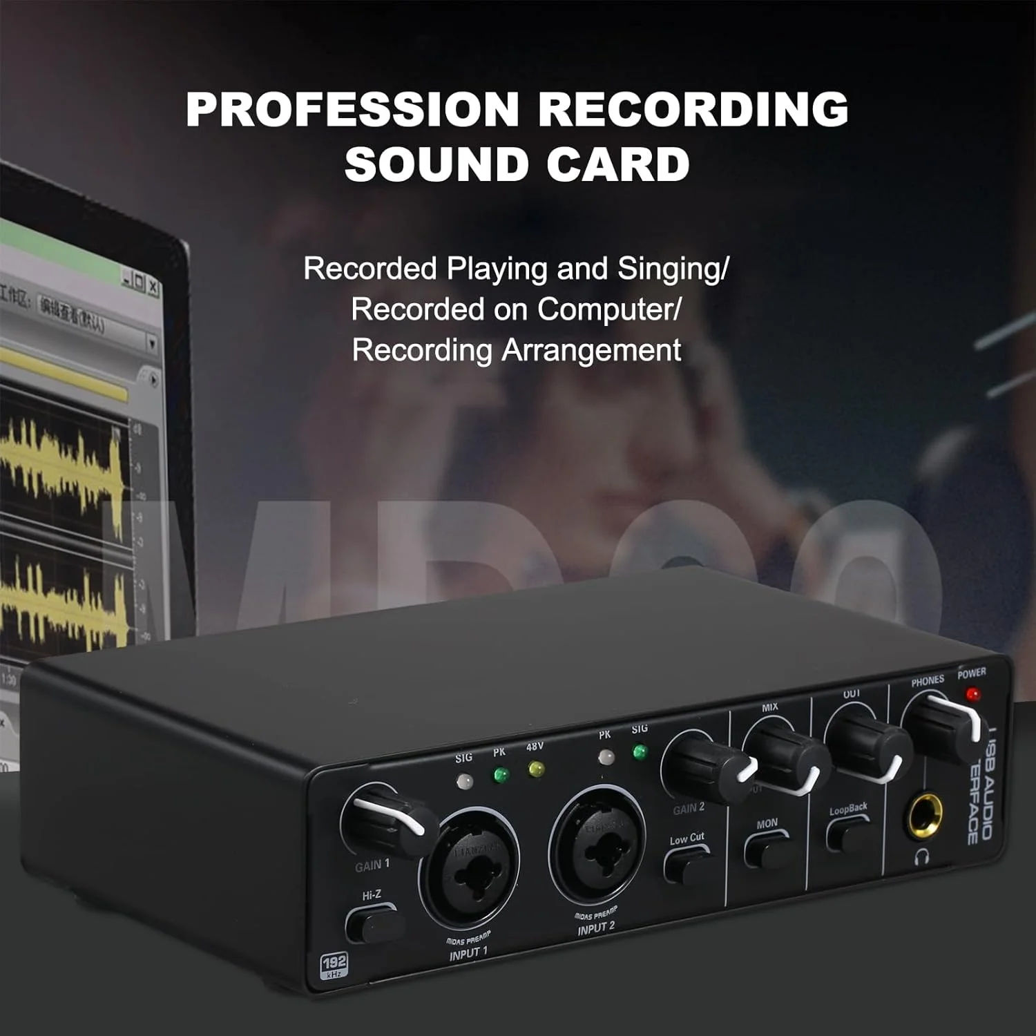 کارت صدای USB، رابط صوتی RHM 2 ورودی 2 خروجی با فانتوم پاور 48 ولت برای ضبط، میکسر صوتی حرفه ای و پری امپ میکروفون پورت های XLR/TSR/TS برای نوازندگان گیتار و وکالیست ها