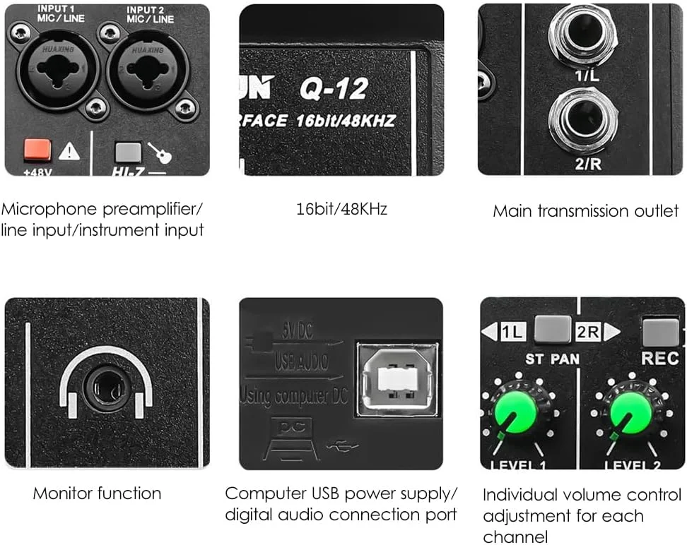 کارت صدای حرفه ای ضبط صدا 16 بیت/48 کیلوهرتز مینی کارت صدای USB 2 ورودی و 2 خروجی با فانتوم پاور 48 ولت کابل USB-B تجهیزات ضبط استودیویی برای ضبط موسیقی