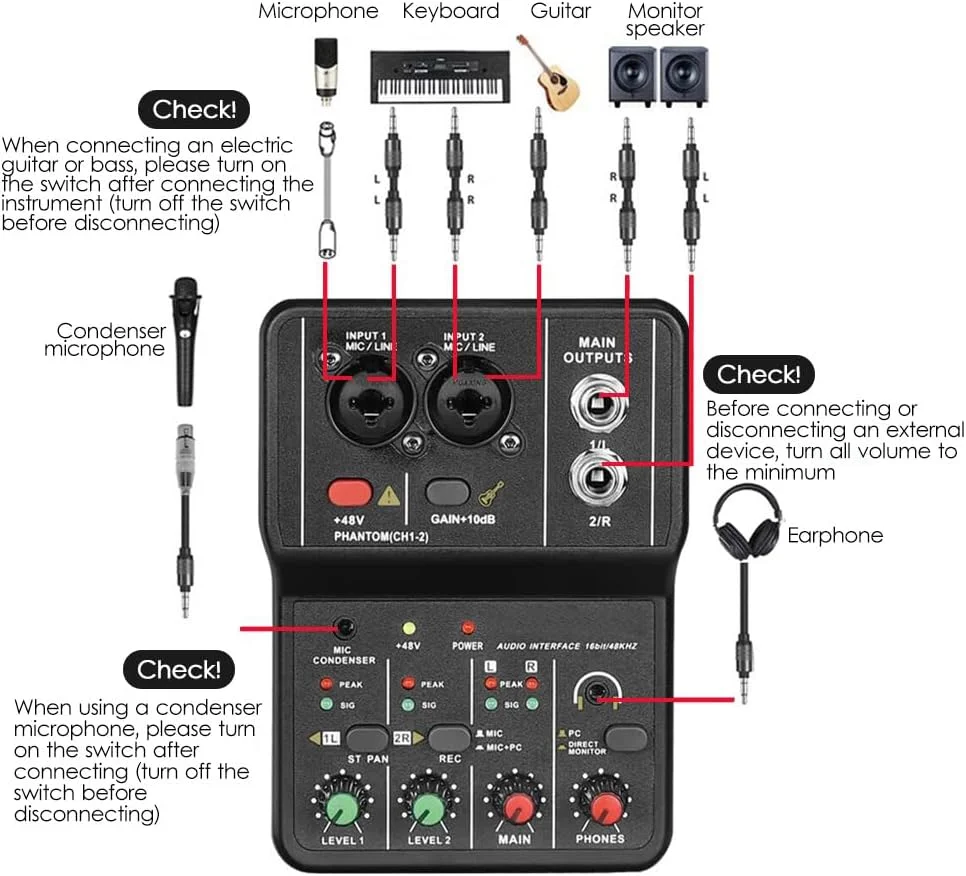 کارت صدای حرفه ای استودیویی 16bit/48kHz با رابط USB، 2 ورودی و 2 خروجی به همراه فانتوم پاور 48 ولت و کابل USB-B مناسب برای ضبط موسیقی