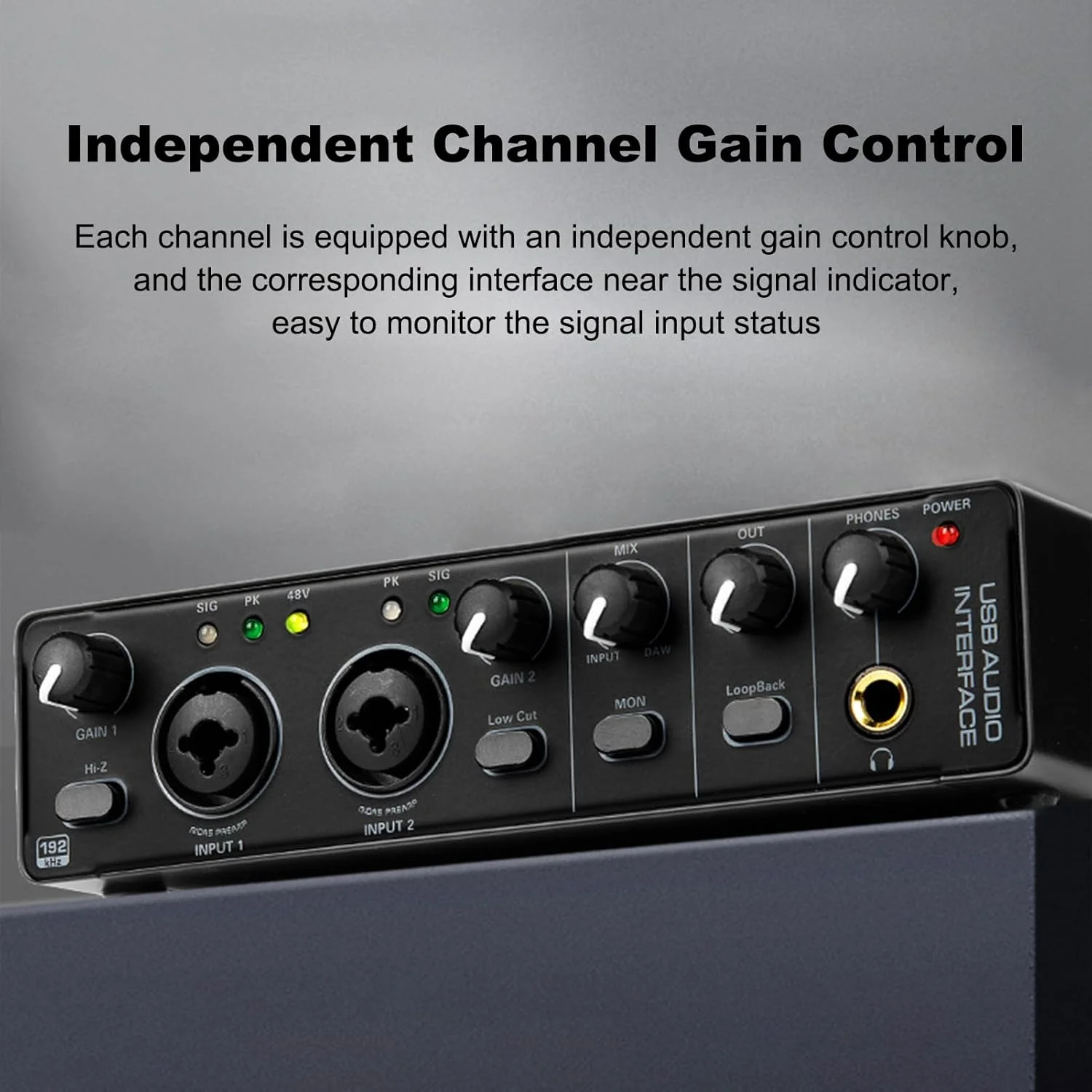 کارت صدای رابط صوتی USB مدل RHM 2 ورودی 2 خروجی با فانتوم پاور 48 ولت برای ضبط، میکسر صوتی حرفه ای و پری امپ میکروفون، دارای پورت های XLR/TSR/TS برای نوازندگان گیتار و خوانندگان