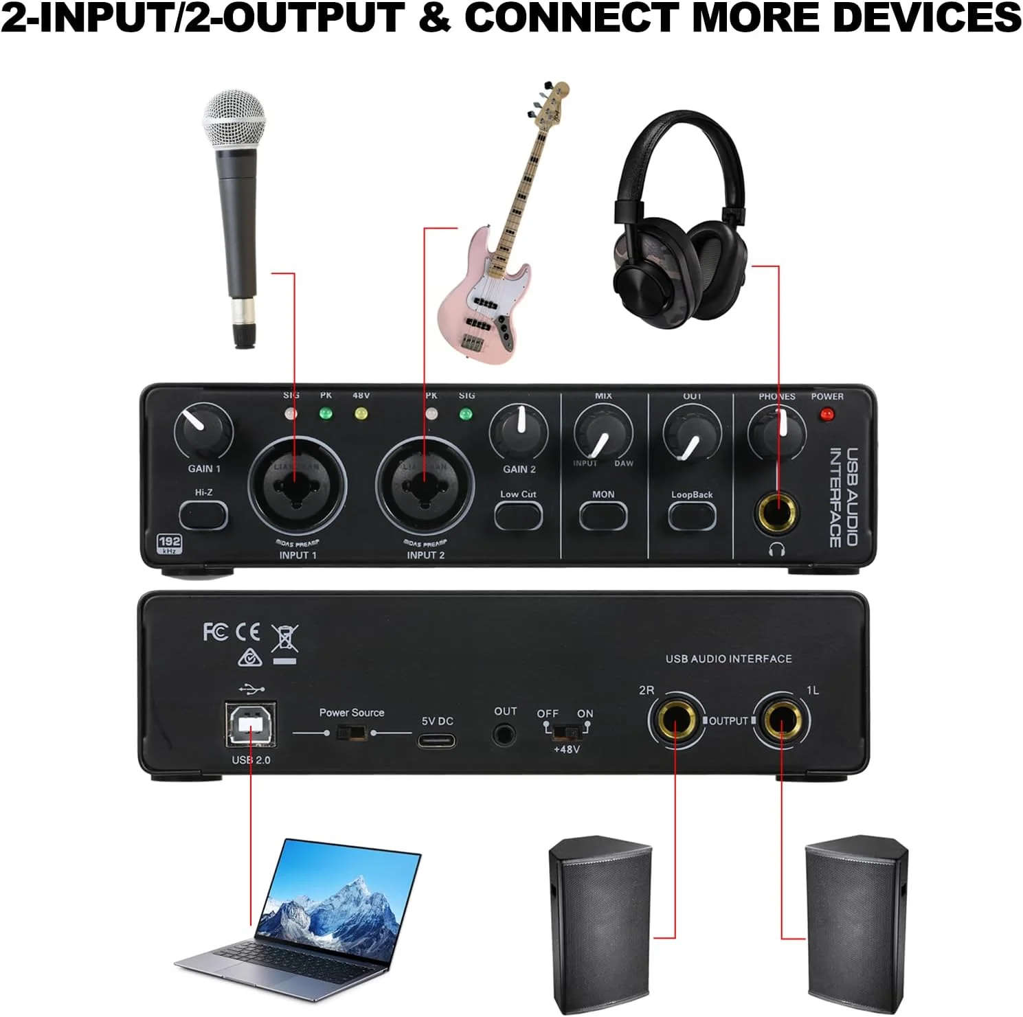 کارت صدای رابط صوتی USB مدل RHM 2 ورودی 2 خروجی با فانتوم پاور 48 ولت برای ضبط، میکسر صوتی حرفه ای و پری امپ میکروفون، دارای پورت های XLR/TSR/TS برای نوازندگان گیتار و خوانندگان