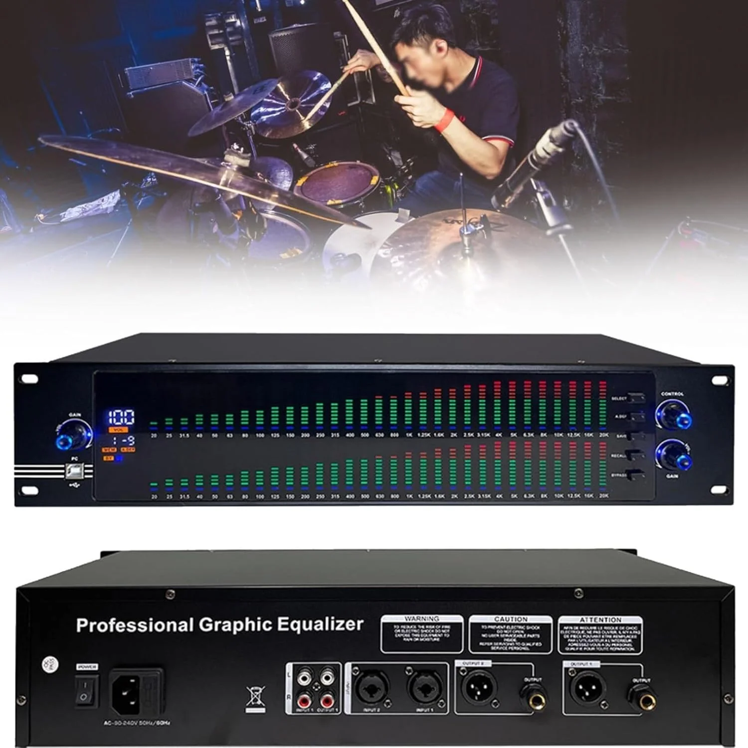 اکولایزر دیجیتال با قابلیت کاهش نویز و نمایش طیف، 31 باند، 10 افکت از پیش تنظیم شده، ذخیره با صفحه نمایش LCD و تراشه پردازشگر HD DSP (رنگ: دوبل)