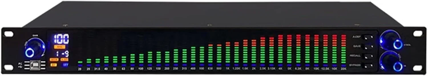 اکولایزر EQ دو کاناله 31 باند، میکسر صوتی استریو دوتایی، کنترلر افکت اکولایزر گرافیکی میکسر دیجیتال DJ برای خانه/KTV/بار/استیج (رنگ: تک)