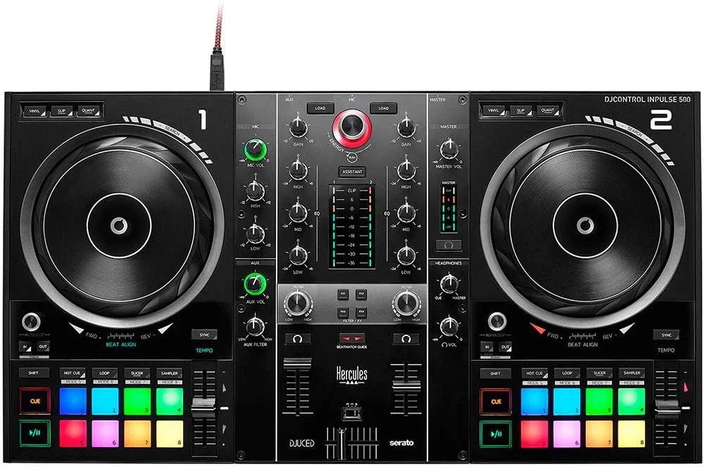 کنترلر نرم‌افزار دی‌جی هرکولس DJControl Inpulse 500 به همراه هدفون روگوشی هرکولس HDP DJ45 و کابل تبدیل مینی به RCA