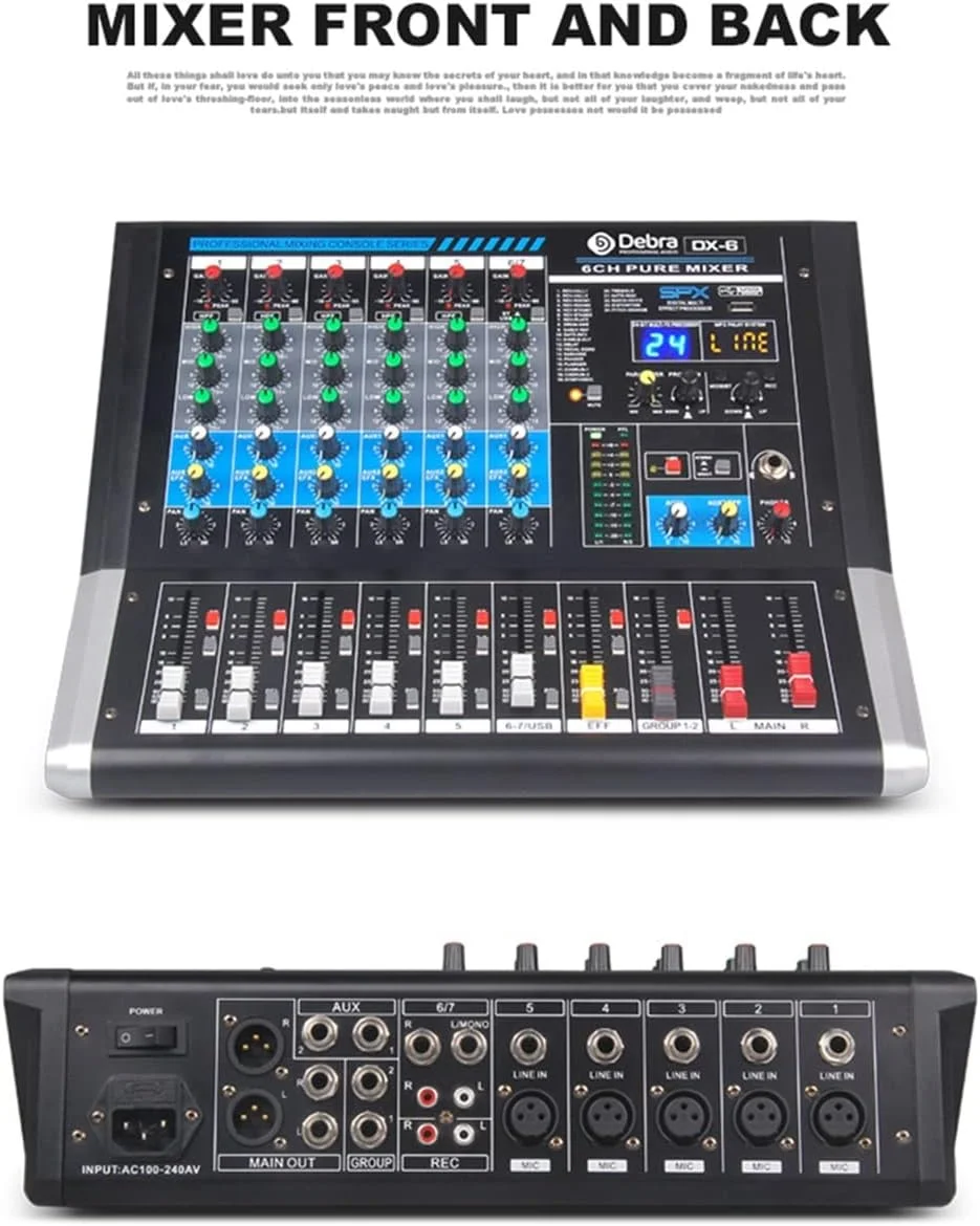میکسر صوتی 6 کاناله DJ مدل DX-6 به همراه افکت DSP و USB و بلوتوث برای استودیو DJ