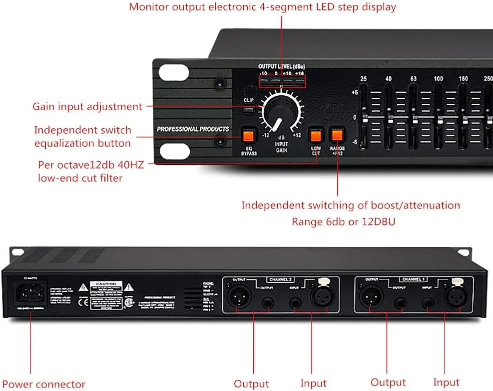 اکولایزر 15 باندی دو کاناله 215، تیونر حرفه ای 220 ولت برای اجرای استیج خانگی، عروسی، KTV، قابل نصب در رک 1U