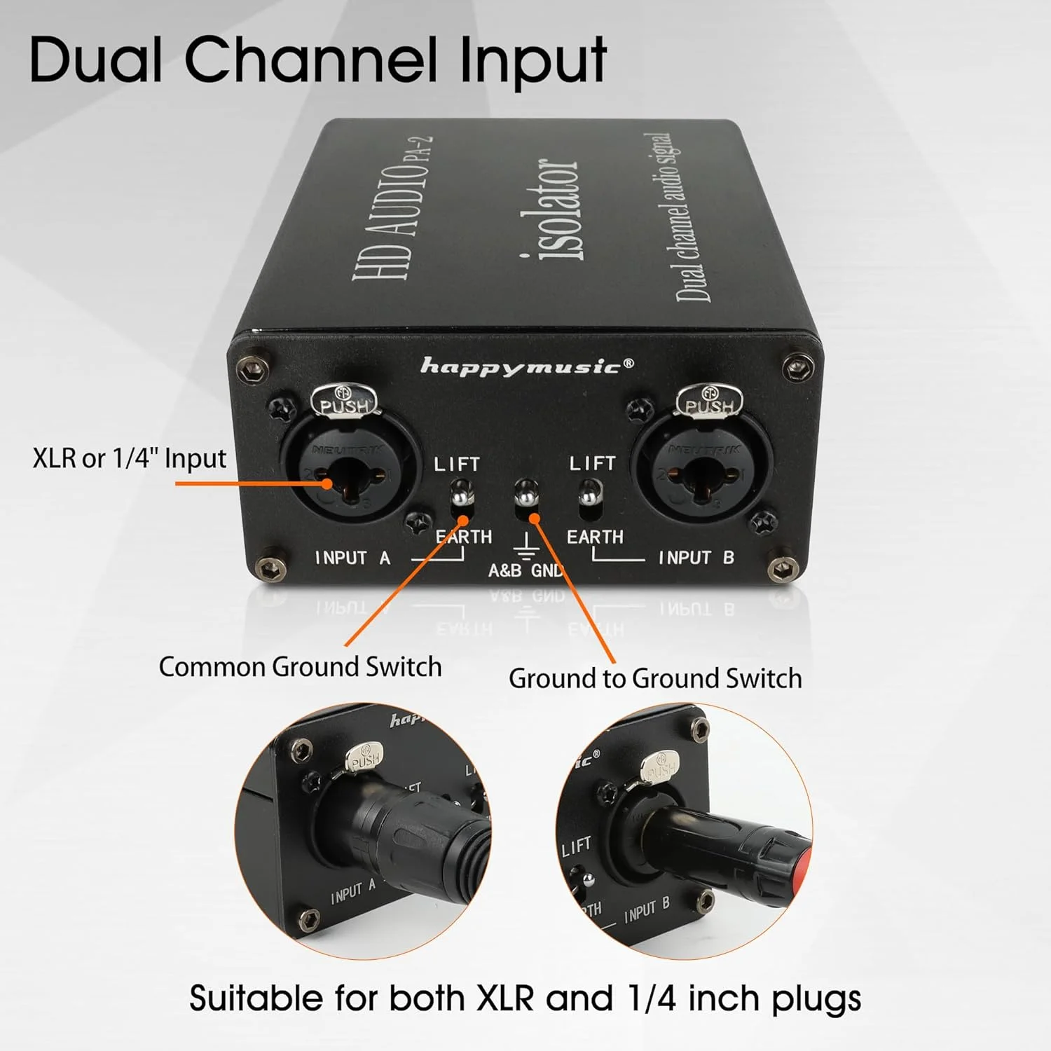 ایزولاتور حلقه زمینی حرفه ای happymusic XLR 1/4 اینچ، حذف کننده نویز دو کاناله برای سیستم صوتی، ساب ووفر، بلندگوی کارائوکه، گیتار، کیبورد، باس