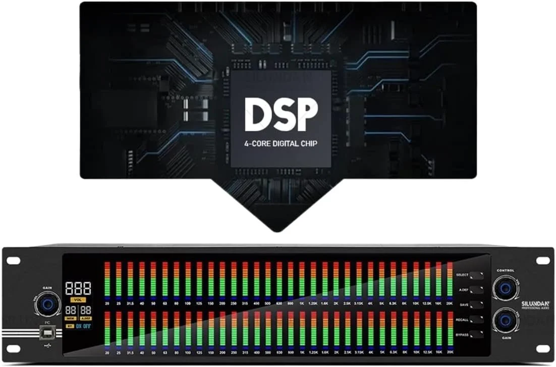 میکسر صوتی استریو اکولایزر گرافیکی 2U با 31 باند متعادل کننده افکت، کنترلر، میکسر دیجیتال پردازنده DSP حذف کننده نویز، مناسب استیج و تولید زنده