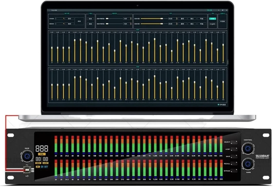 میکسر صوتی استریو اکولایزر گرافیکی 2U با 31 باند متعادل کننده افکت، کنترلر، میکسر دیجیتال پردازنده DSP حذف کننده نویز، مناسب استیج و تولید زنده