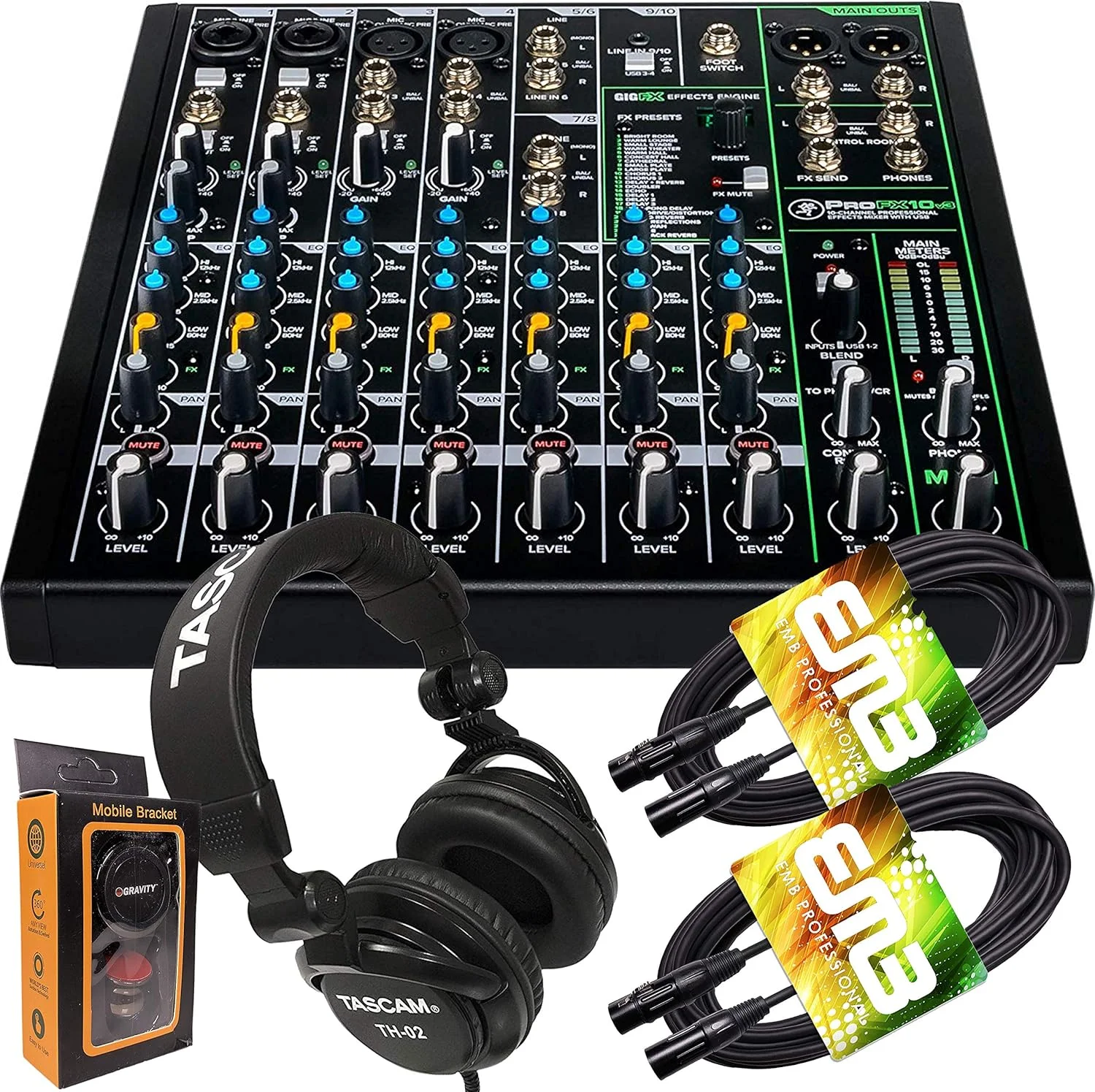میکسر 10 کاناله Gravity Mackie ProFX10v3 با افکت‌های داخلی و USB + هدفون حرفه‌ای با یک جفت کابل XLR EMB و بسته نگهدارنده تلفن مغناطیسی، TH02 (2)+M